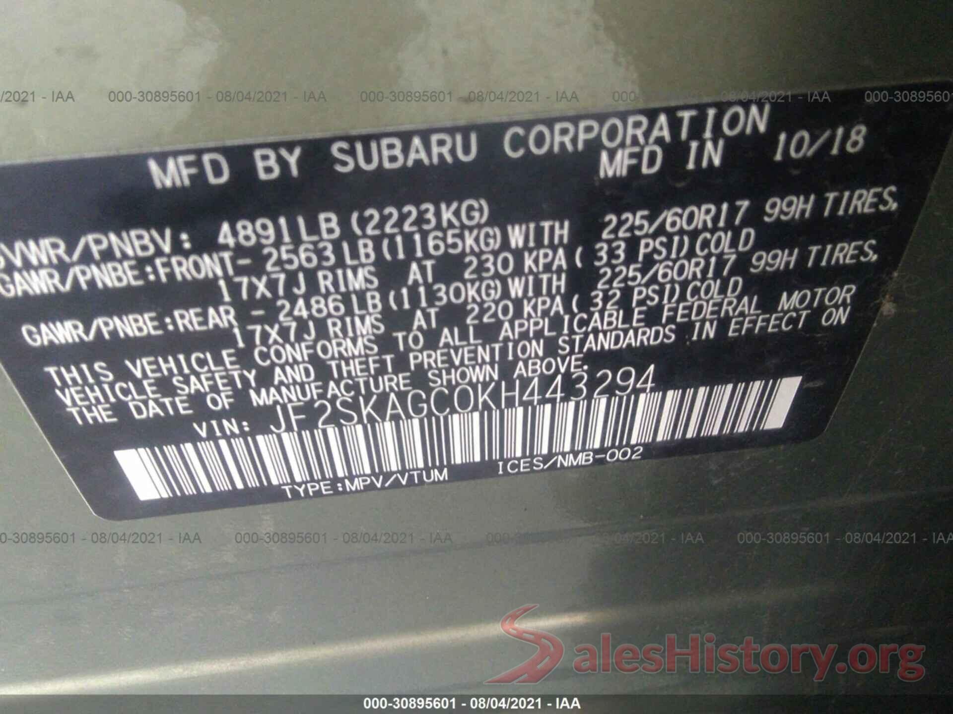 JF2SKAGC0KH443294 2019 SUBARU FORESTER