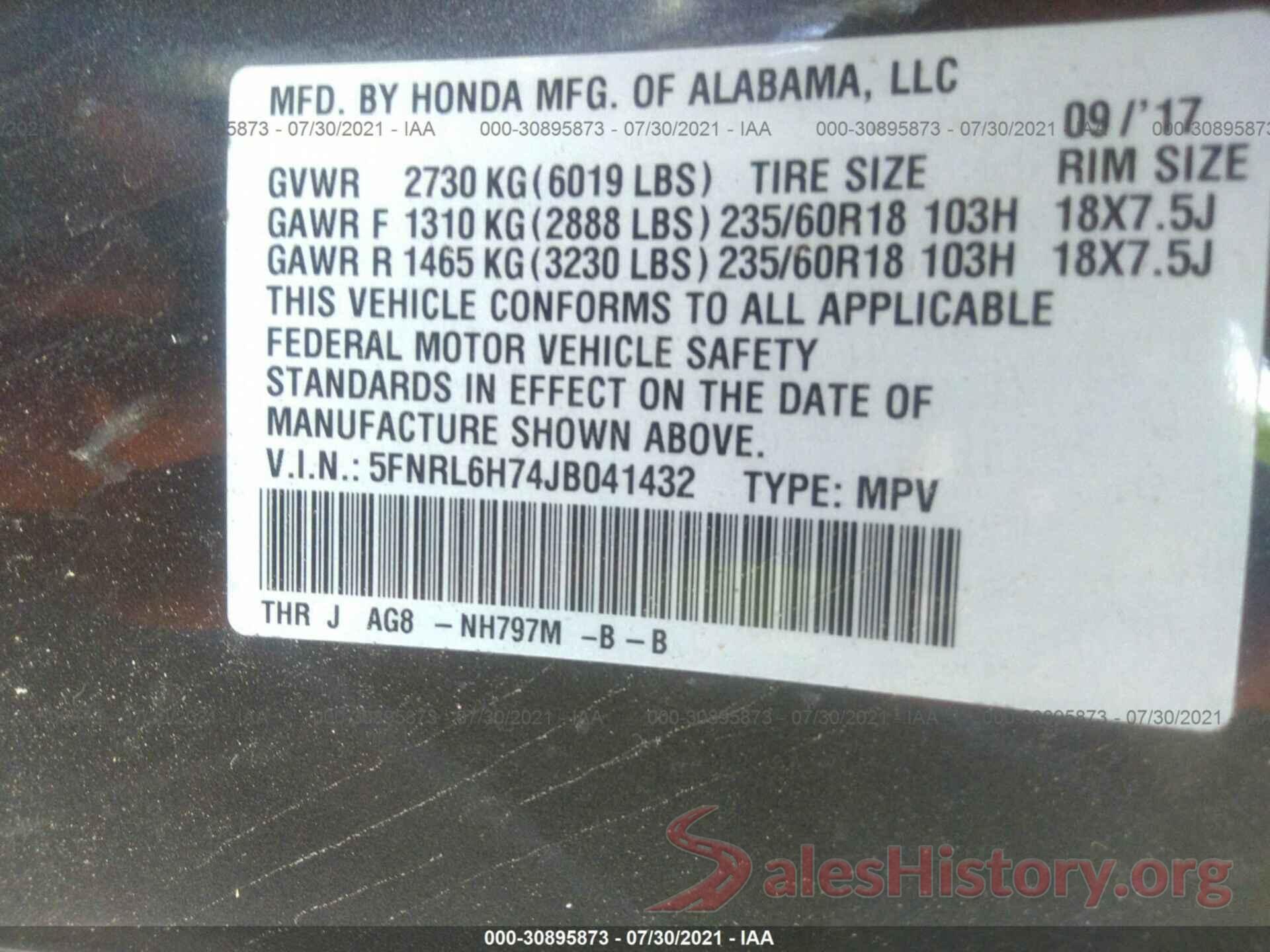 5FNRL6H74JB041432 2018 HONDA ODYSSEY