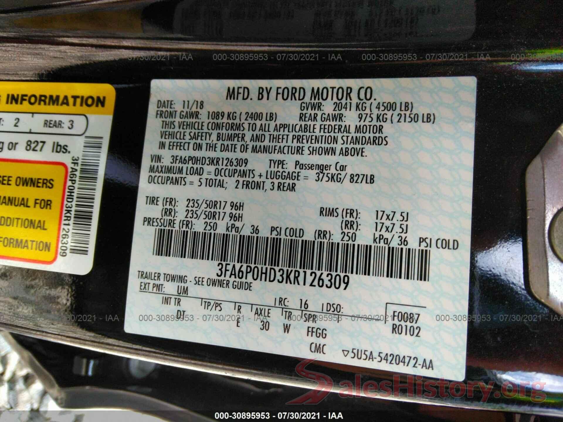 3FA6P0HD3KR126309 2019 FORD FUSION