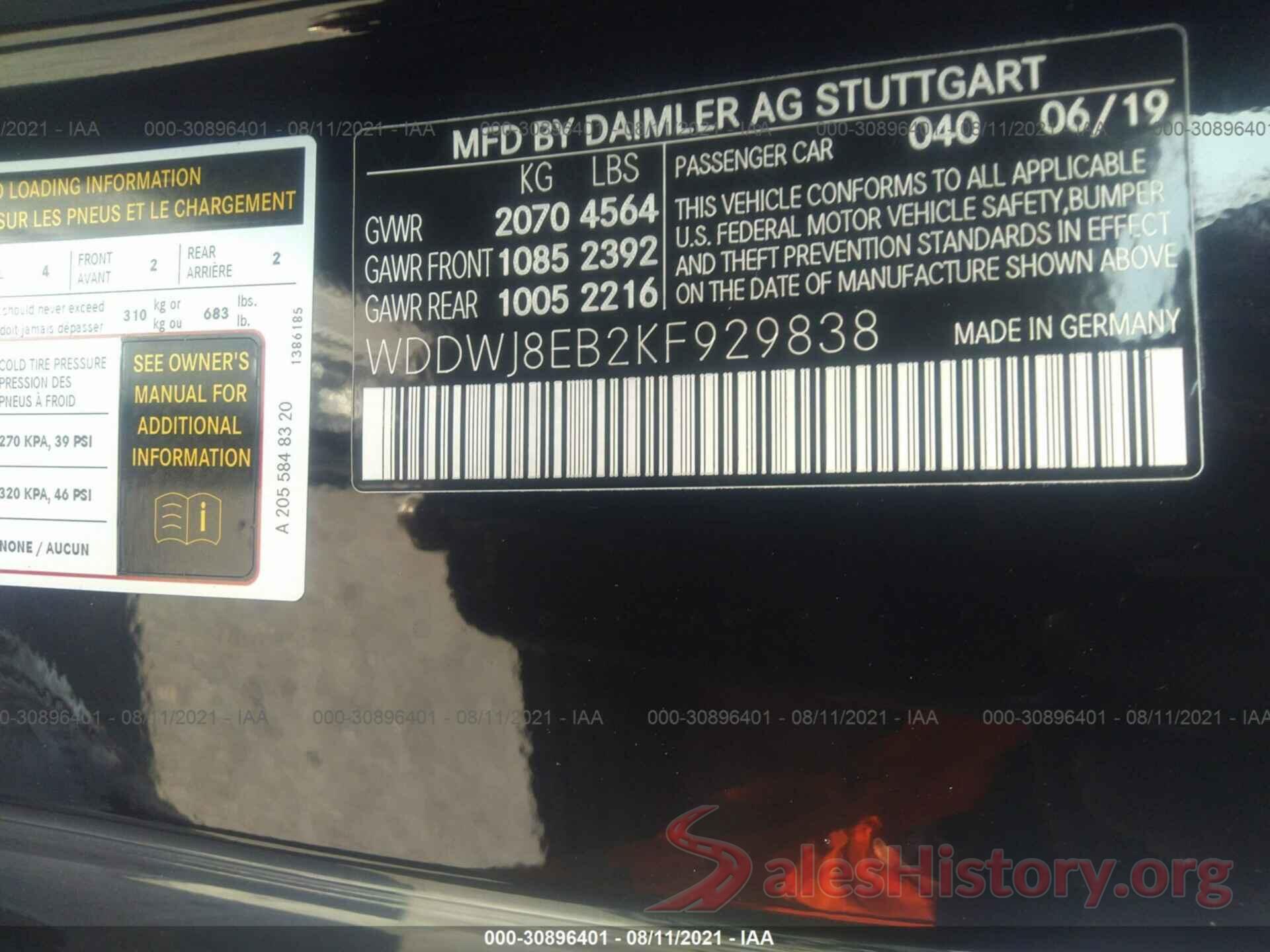 WDDWJ8EB2KF929838 2019 MERCEDES-BENZ C-CLASS