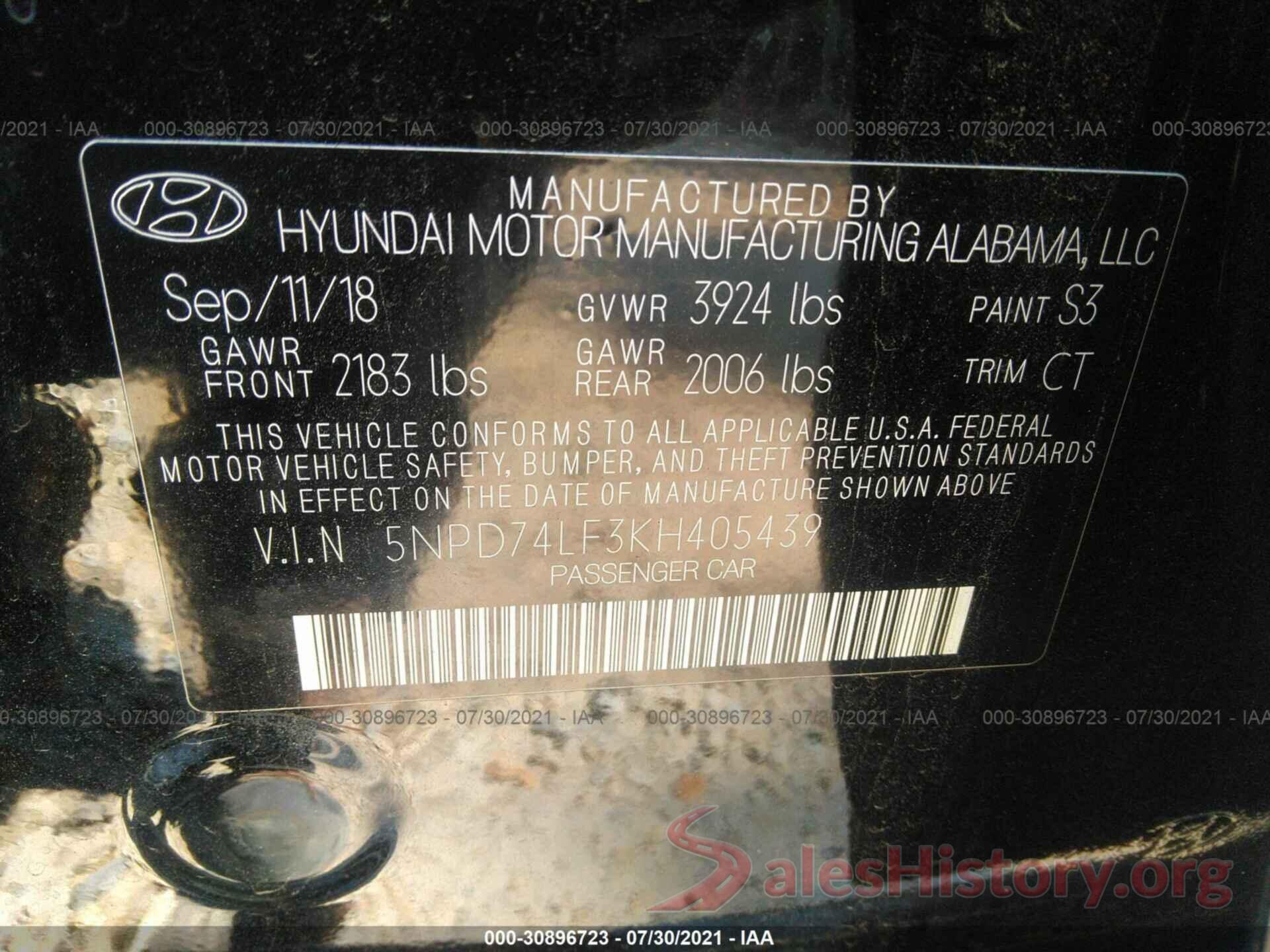 5NPD74LF3KH405439 2019 HYUNDAI ELANTRA