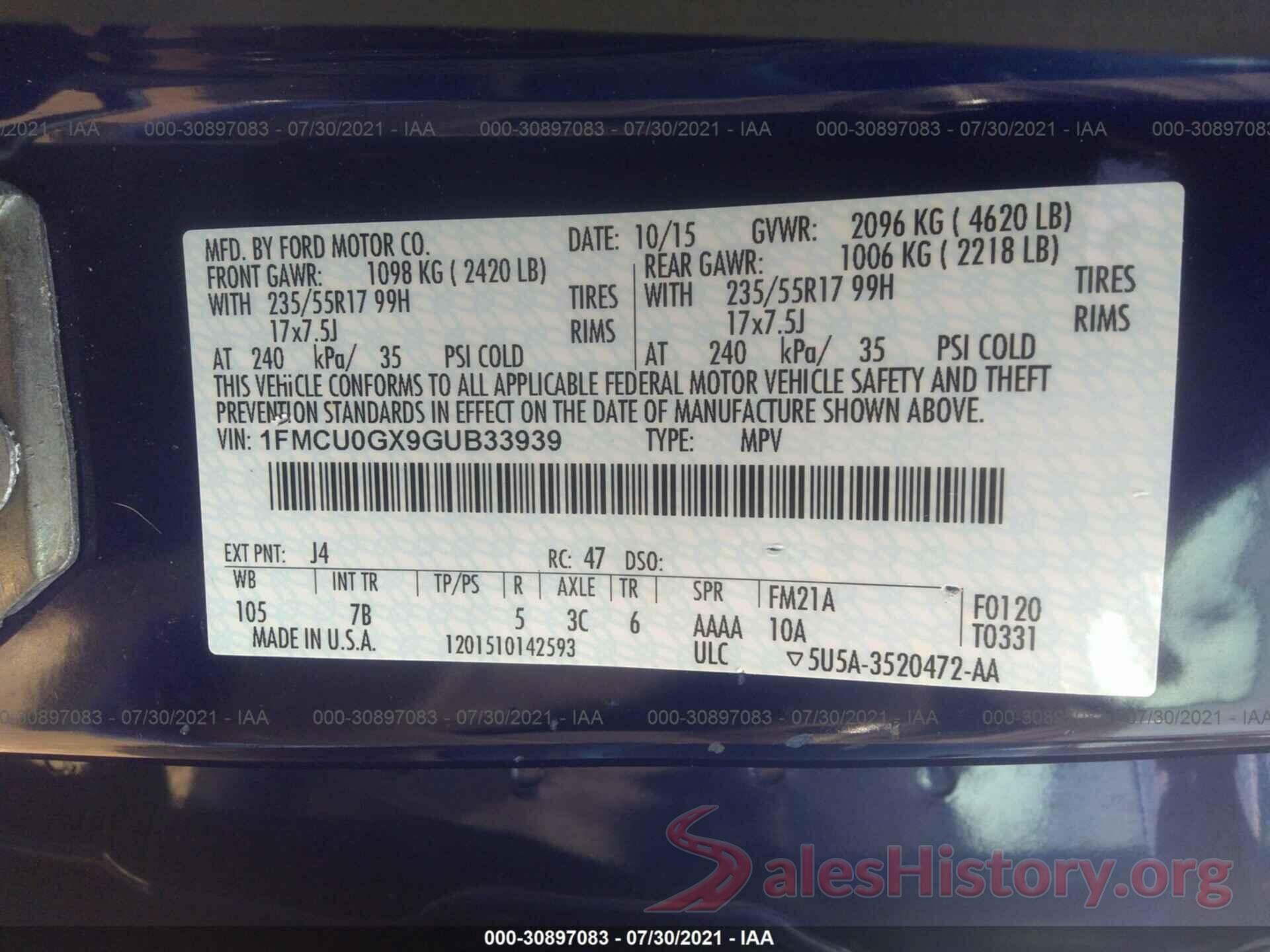 1FMCU0GX9GUB33939 2016 FORD ESCAPE