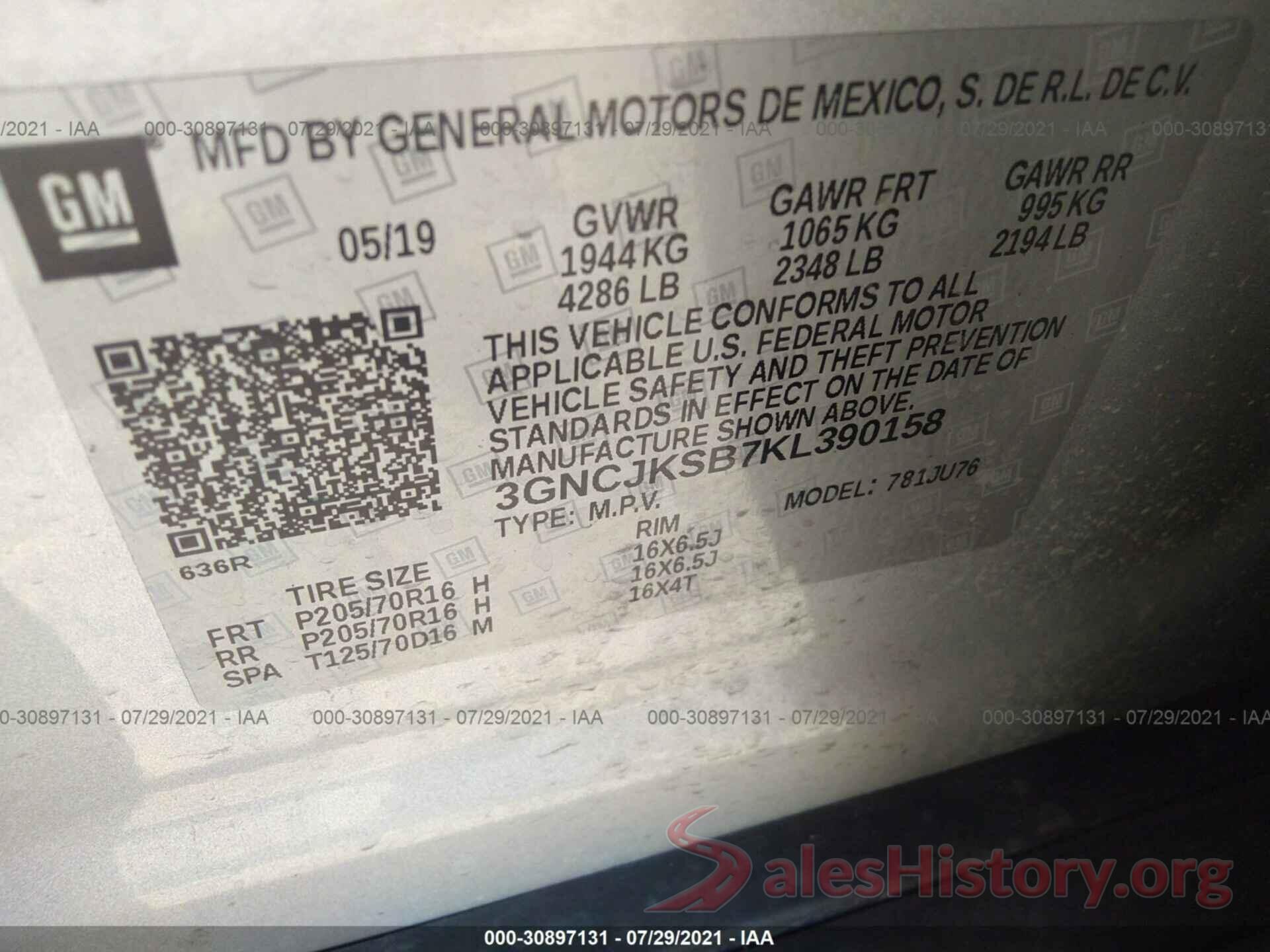 3GNCJKSB7KL390158 2019 CHEVROLET TRAX