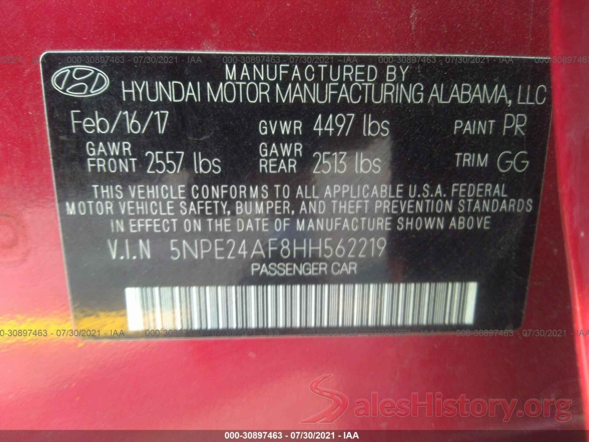 5NPE24AF8HH562219 2017 HYUNDAI SONATA