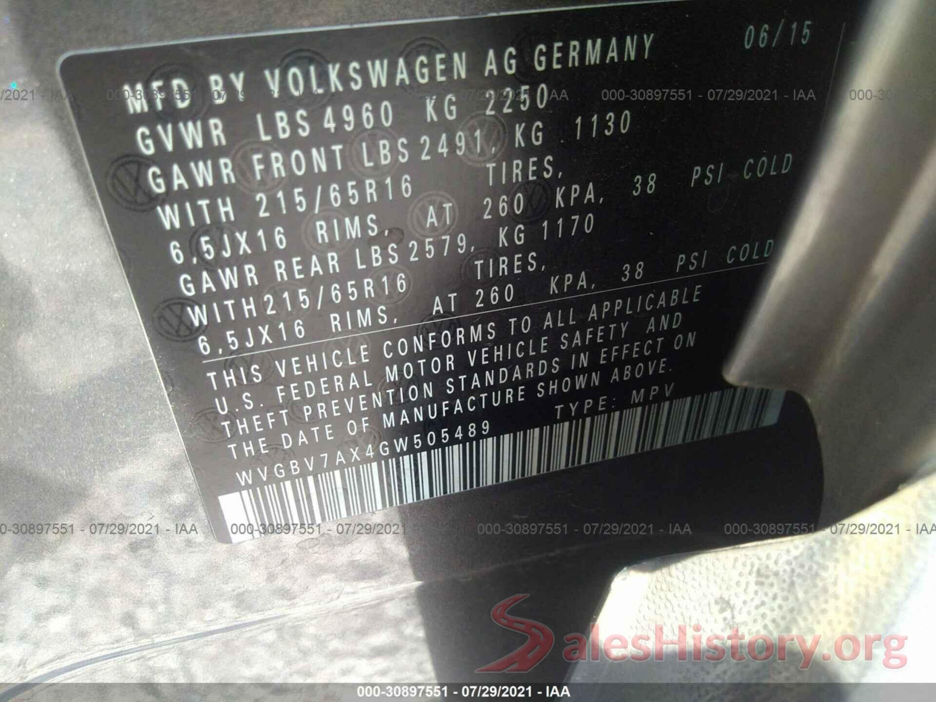 WVGBV7AX4GW505489 2016 VOLKSWAGEN TIGUAN