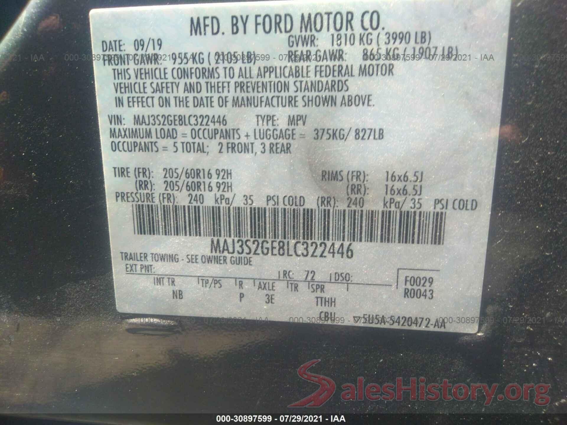 MAJ3S2GE8LC322446 2020 FORD ECOSPORT