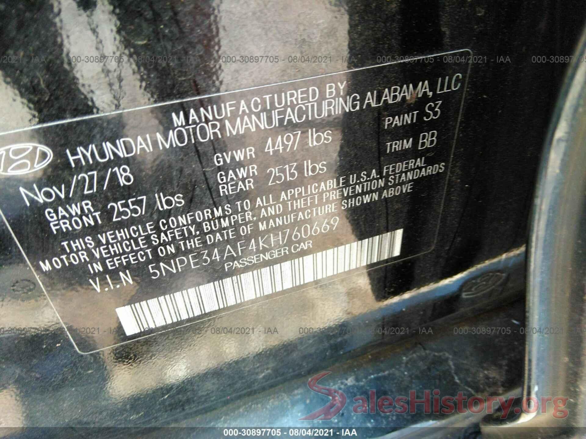 5NPE34AF4KH760669 2019 HYUNDAI SONATA