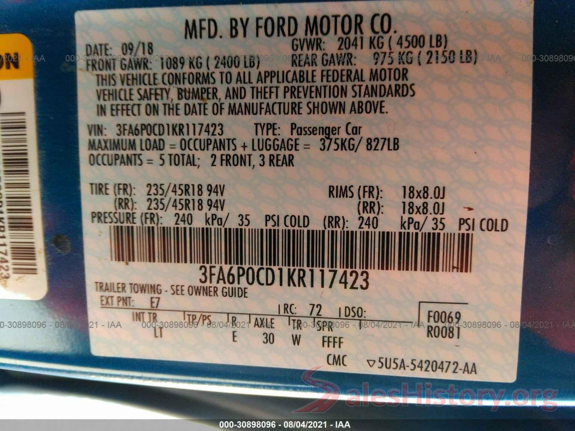 3FA6P0CD1KR117423 2019 FORD FUSION