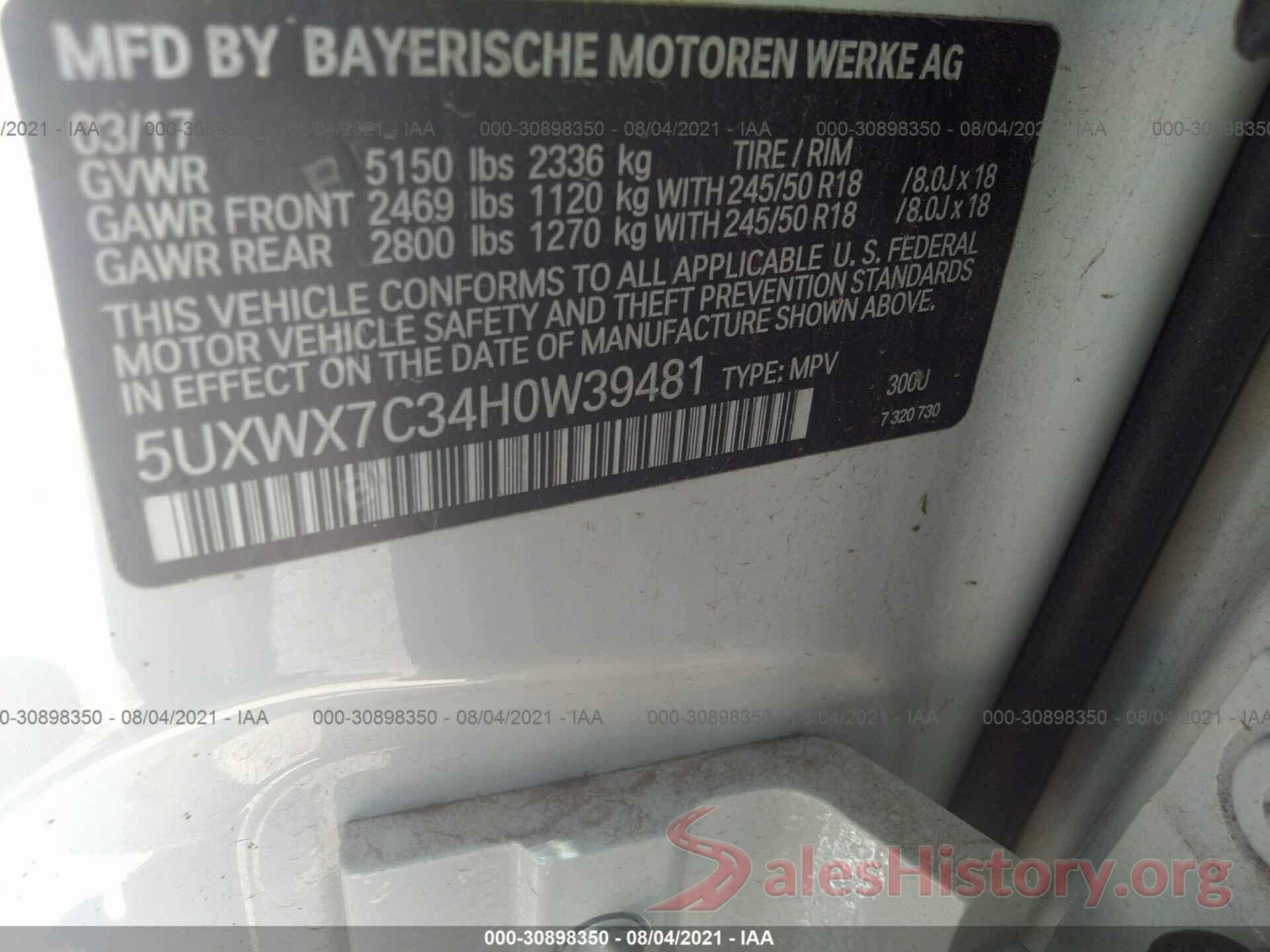 5UXWX7C34H0W39481 2017 BMW X3