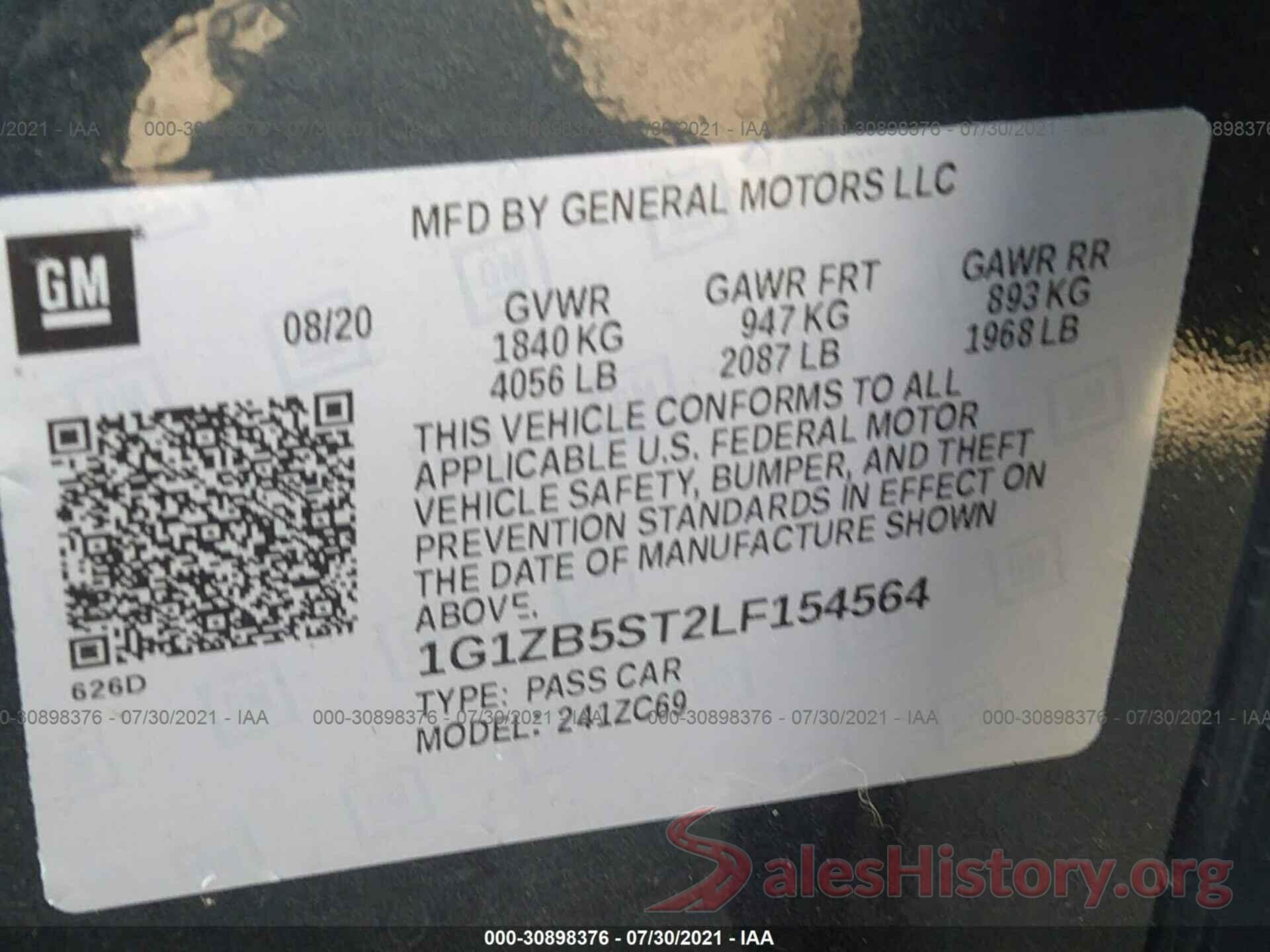 1G1ZB5ST2LF154564 2020 CHEVROLET MALIBU