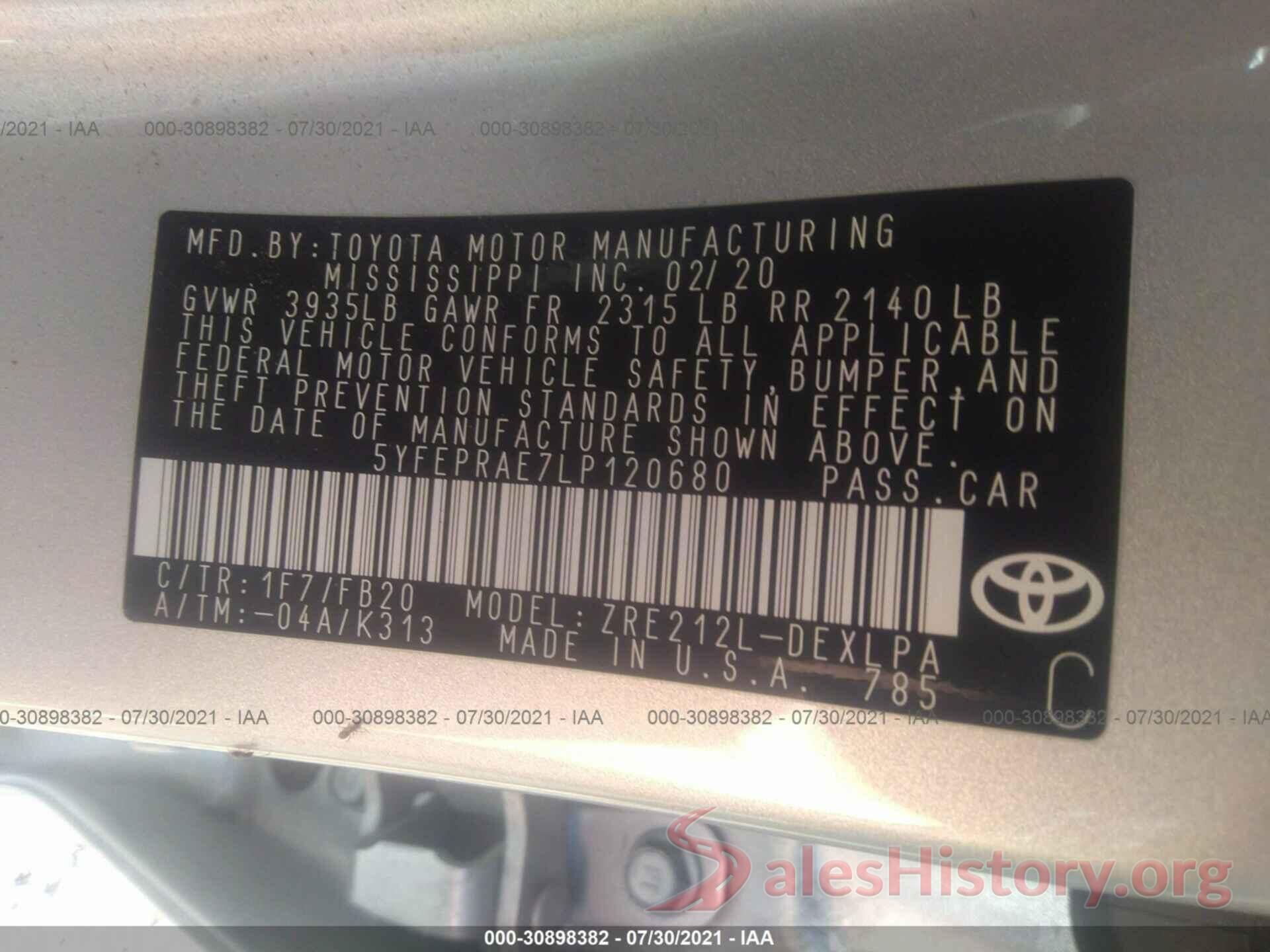 5YFEPRAE7LP120680 2020 TOYOTA COROLLA