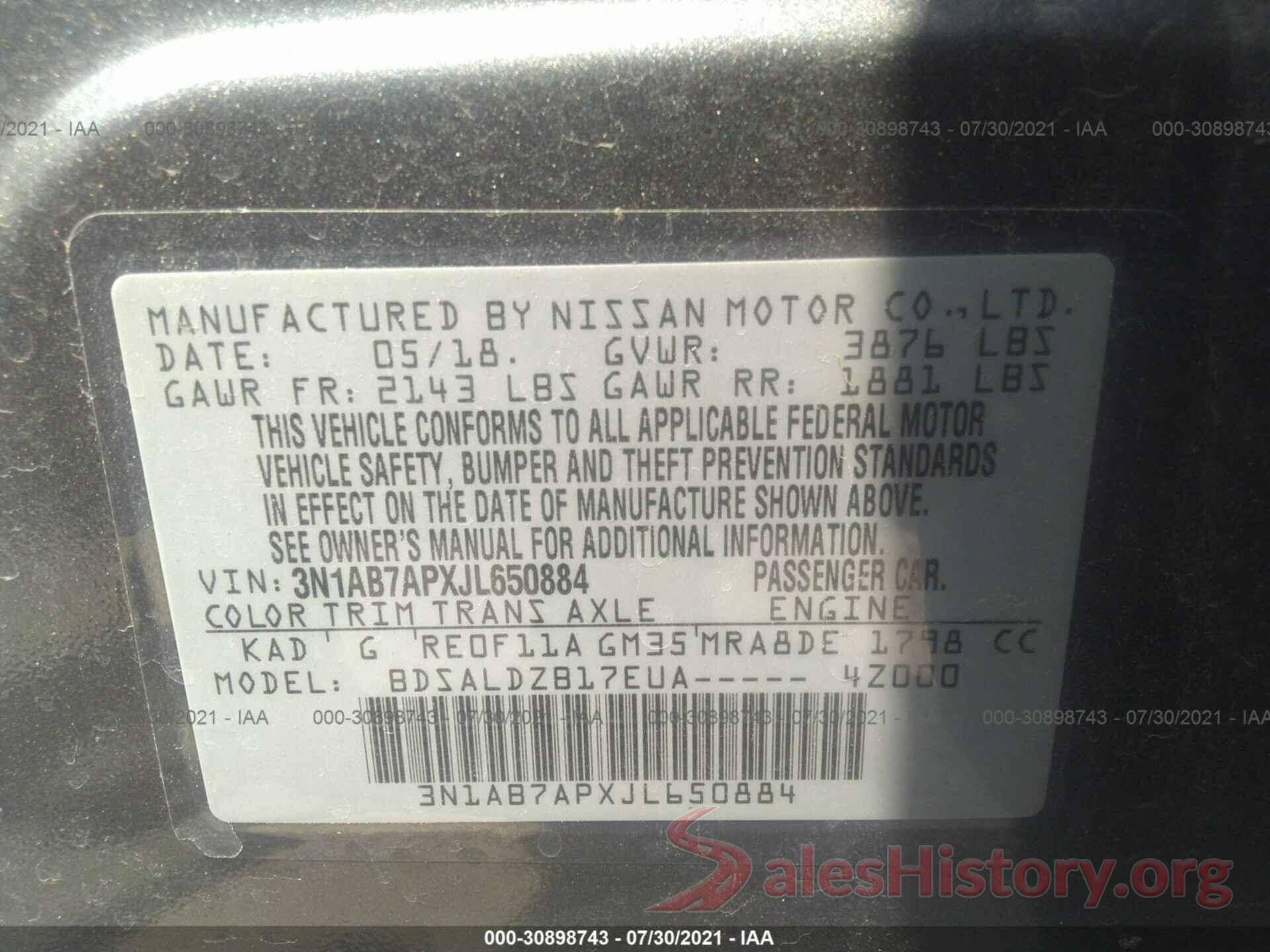 3N1AB7APXJL650884 2018 NISSAN SENTRA