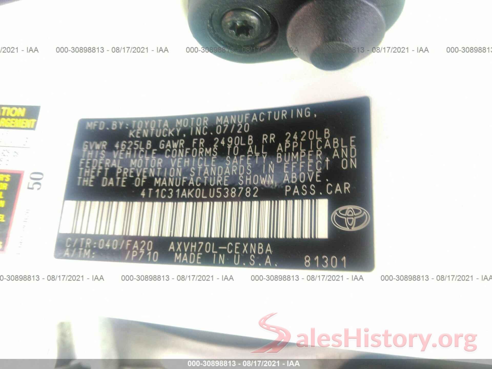 4T1C31AK0LU538782 2020 TOYOTA CAMRY