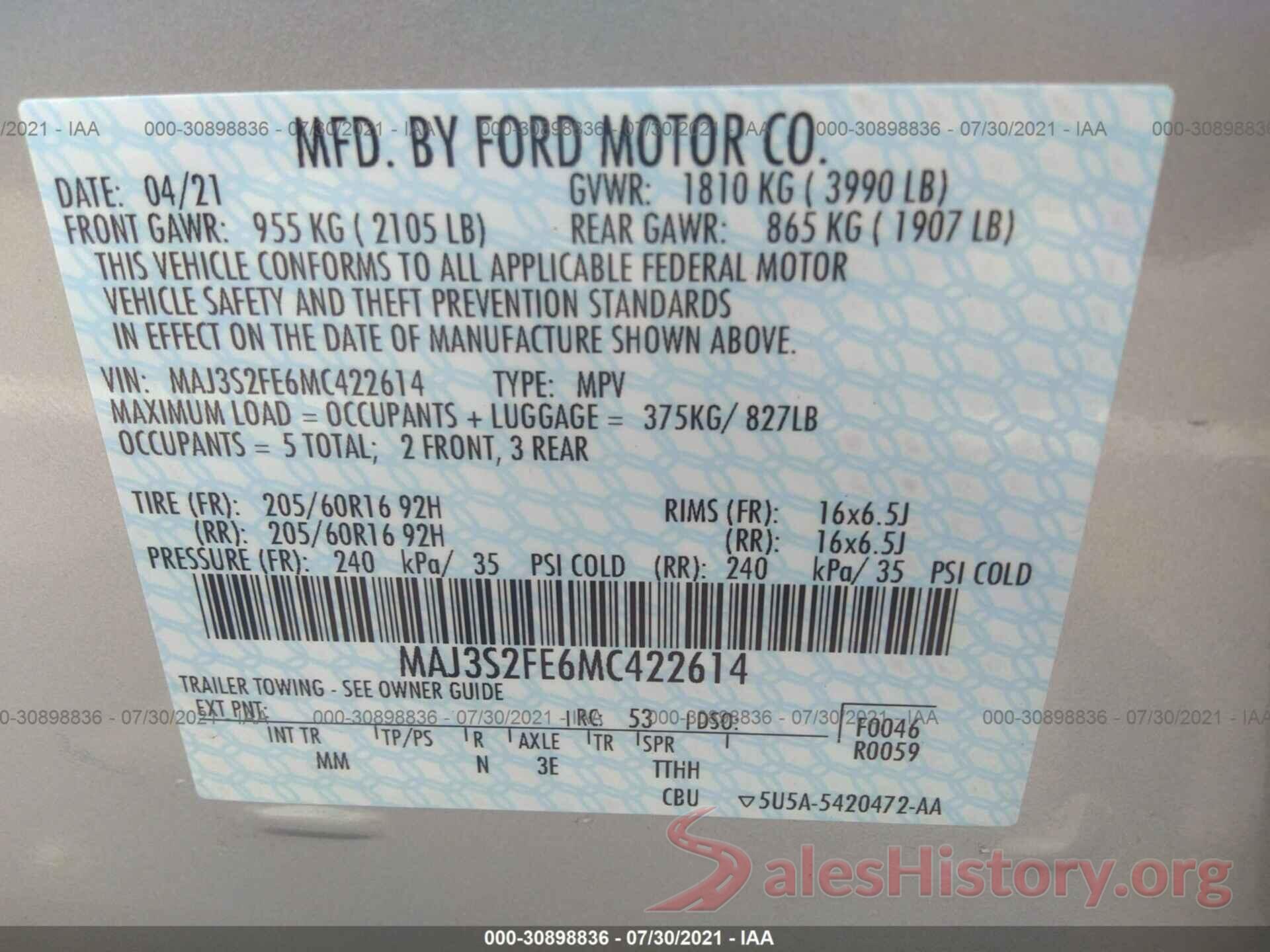 MAJ3S2FE6MC422614 2021 FORD ECOSPORT