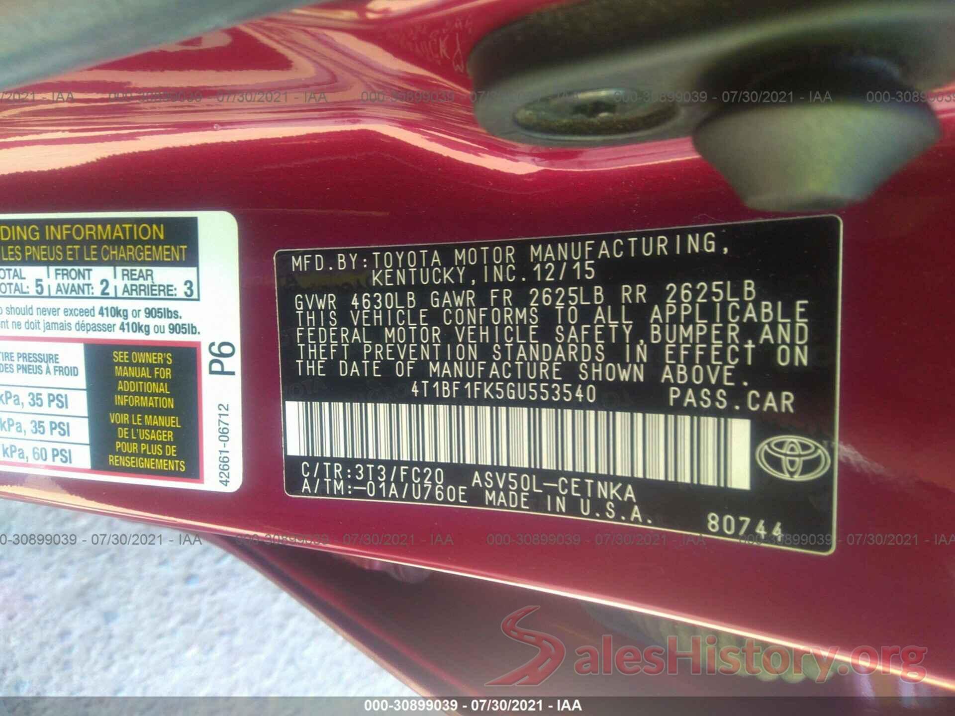 4T1BF1FK5GU553540 2016 TOYOTA CAMRY