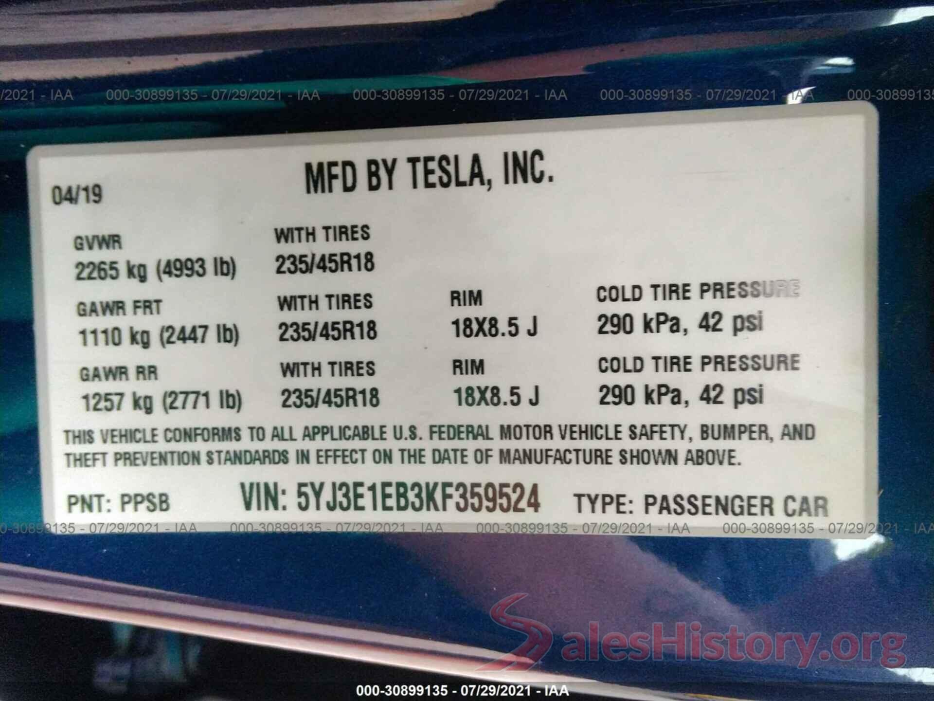 5YJ3E1EB3KF359524 2019 TESLA MODEL 3