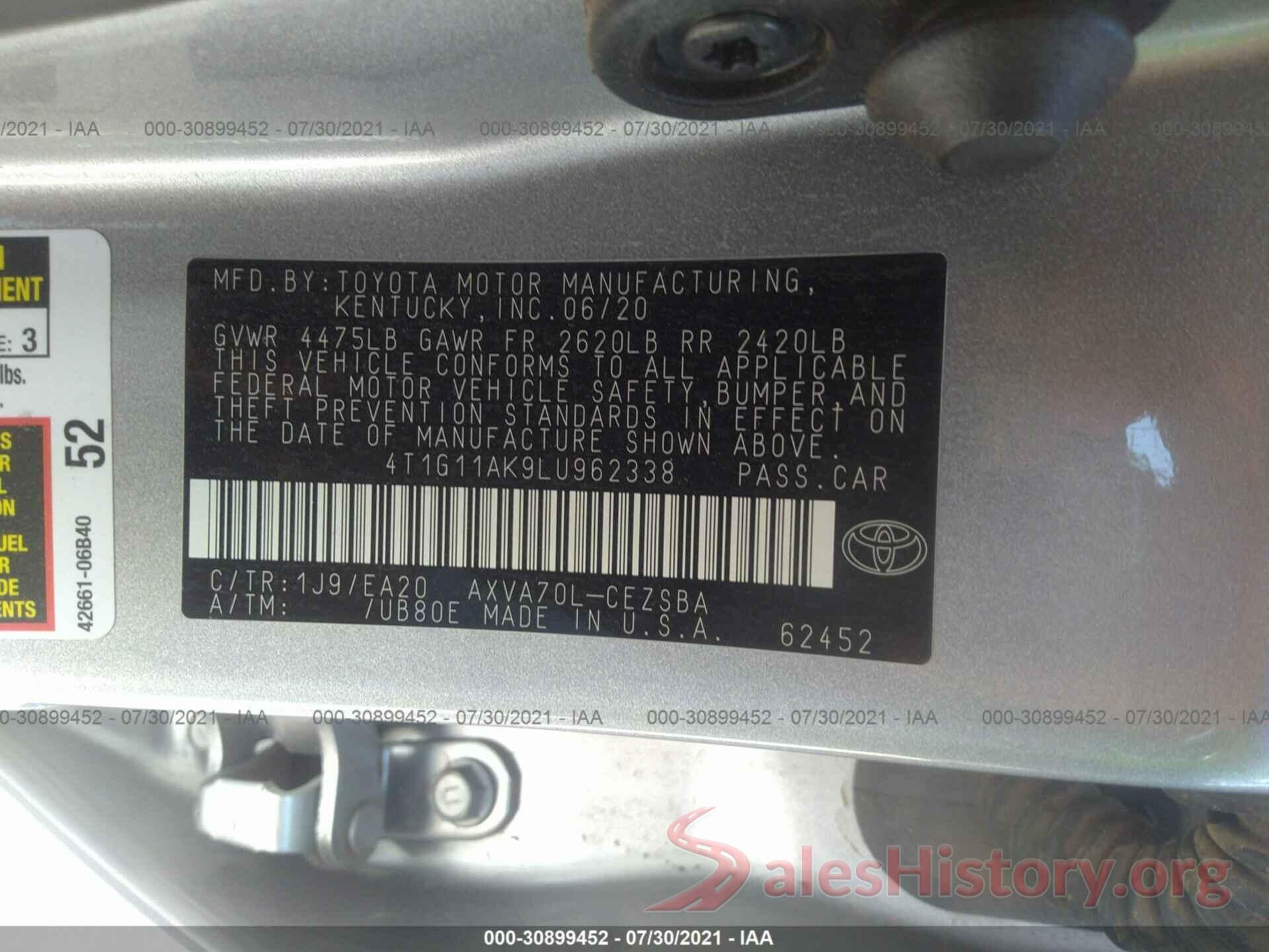 4T1G11AK9LU962338 2020 TOYOTA CAMRY