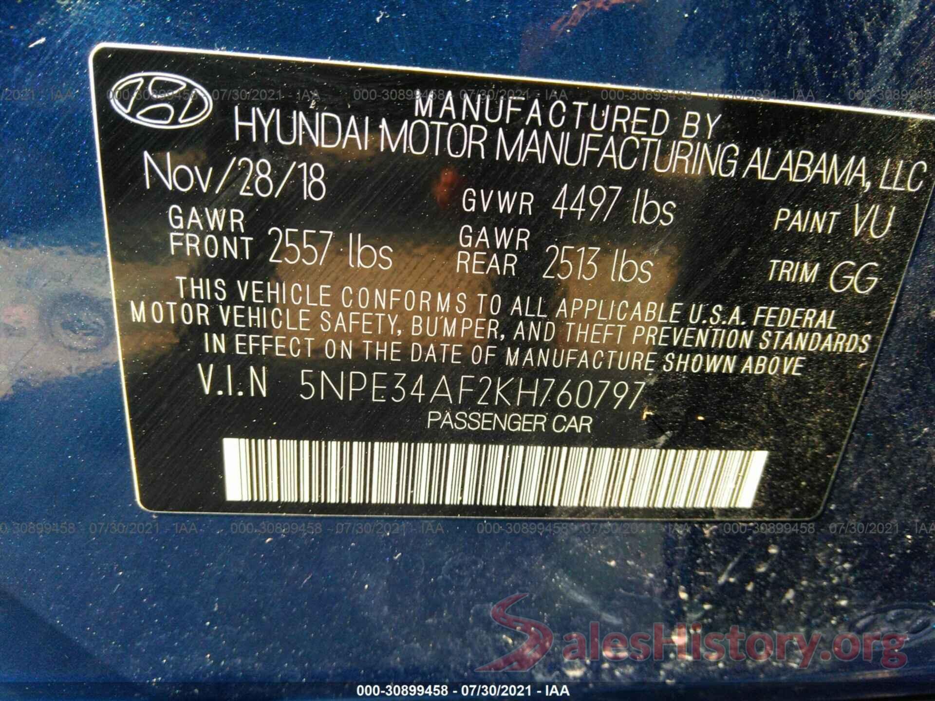 5NPE34AF2KH760797 2019 HYUNDAI SONATA