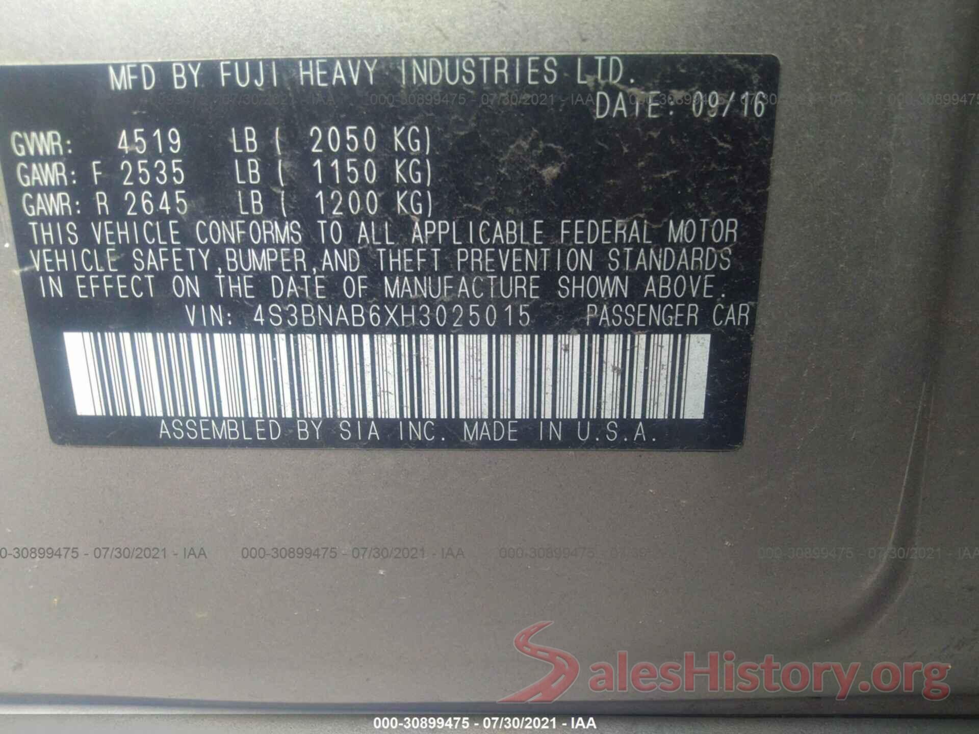 4S3BNAB6XH3025015 2017 SUBARU LEGACY