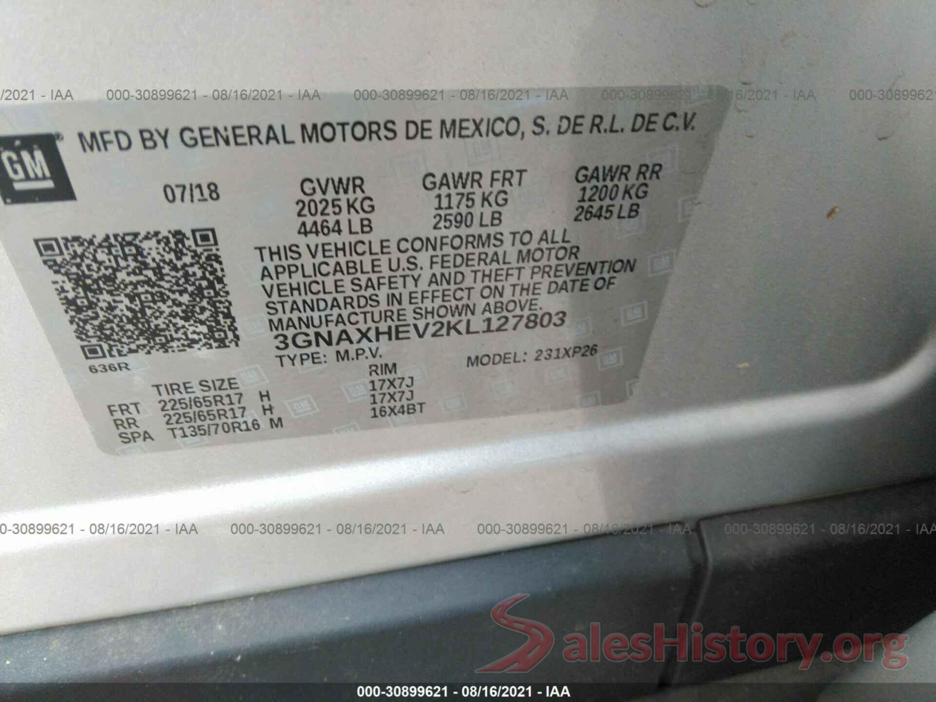 3GNAXHEV2KL127803 2019 CHEVROLET EQUINOX