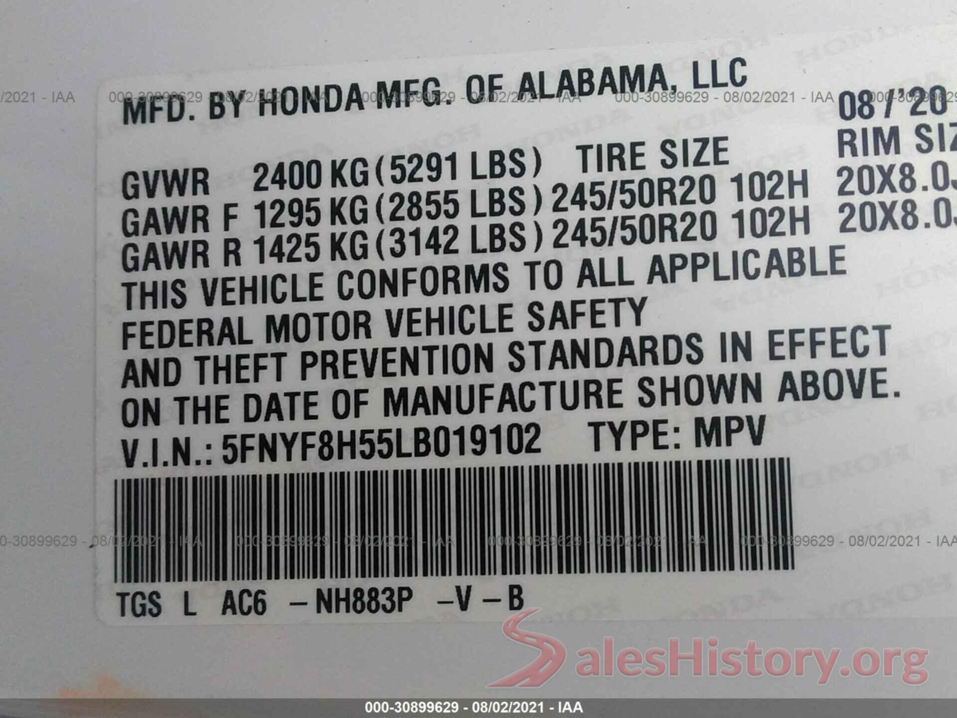 5FNYF8H55LB019102 2020 HONDA PASSPORT