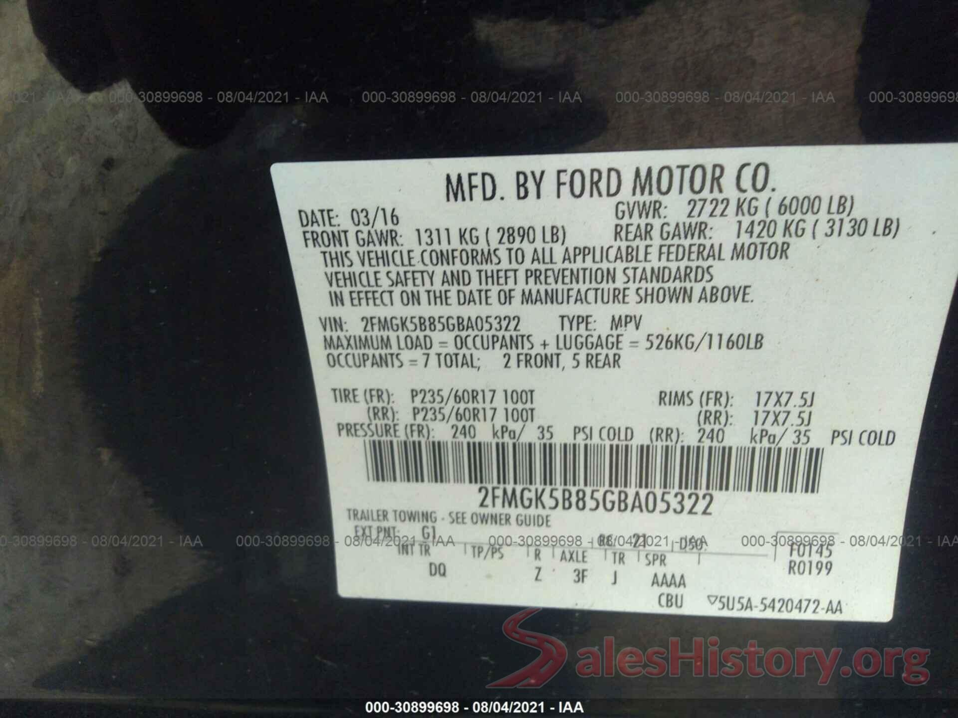 2FMGK5B85GBA05322 2016 FORD FLEX