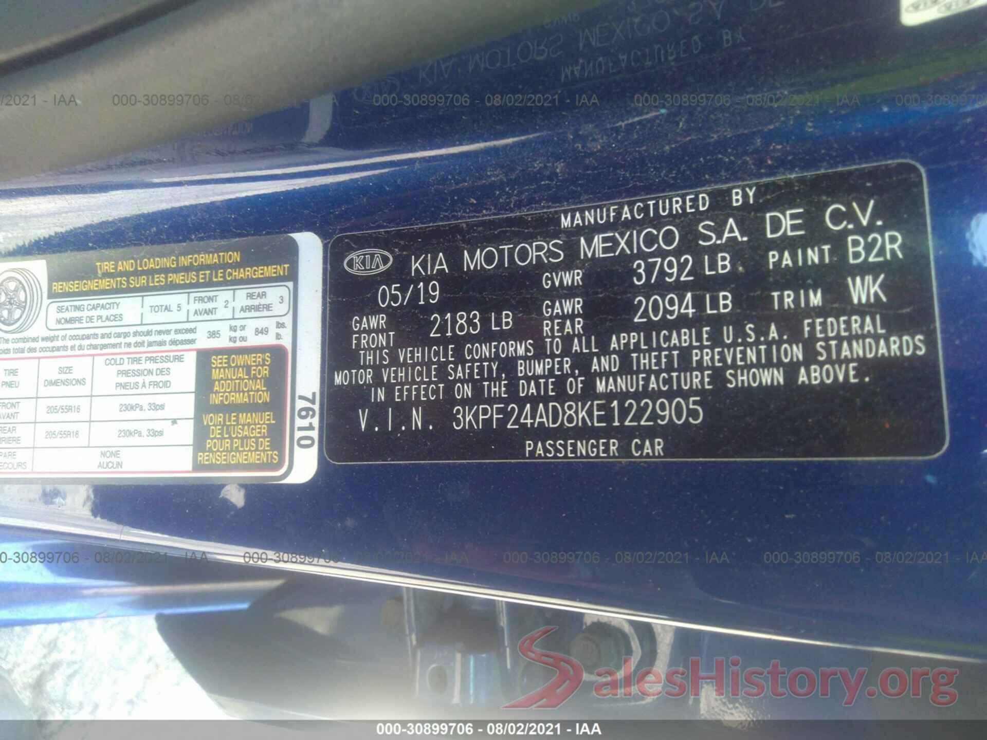 3KPF24AD8KE122905 2019 KIA FORTE