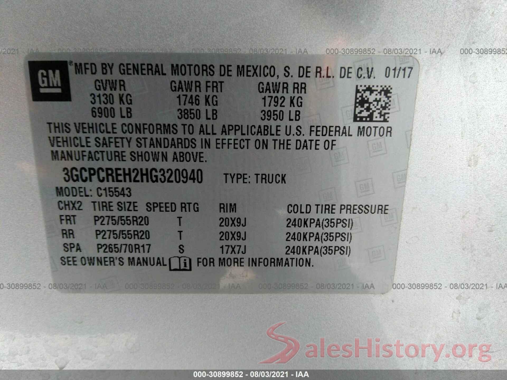 3GCPCREH2HG320940 2017 CHEVROLET SILVERADO 1500