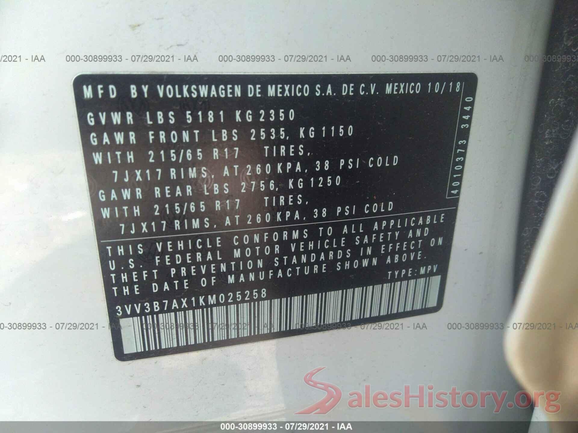 3VV3B7AX1KM025258 2019 VOLKSWAGEN TIGUAN