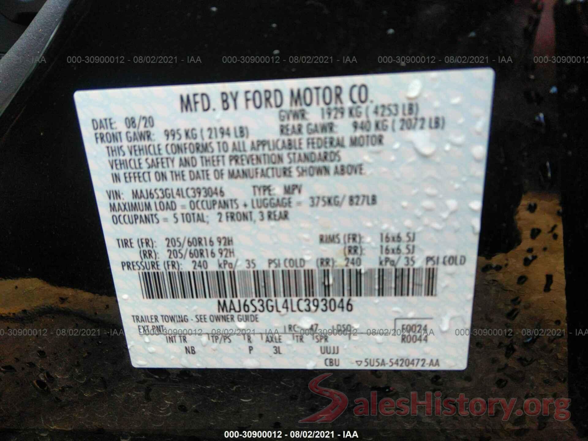 MAJ6S3GL4LC393046 2020 FORD ECOSPORT