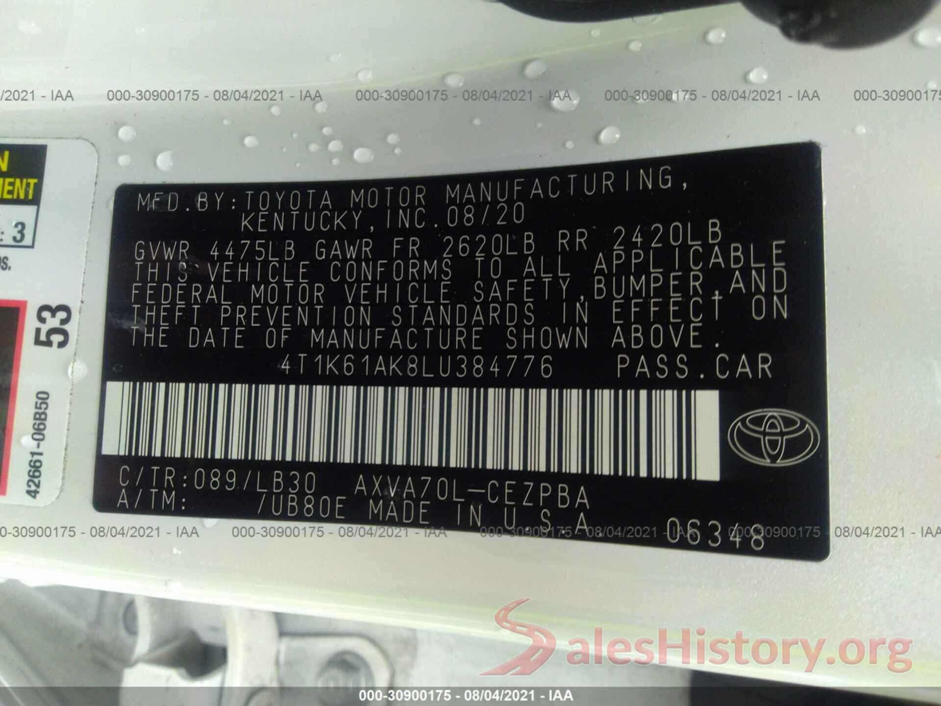 4T1K61AK8LU384776 2020 TOYOTA CAMRY