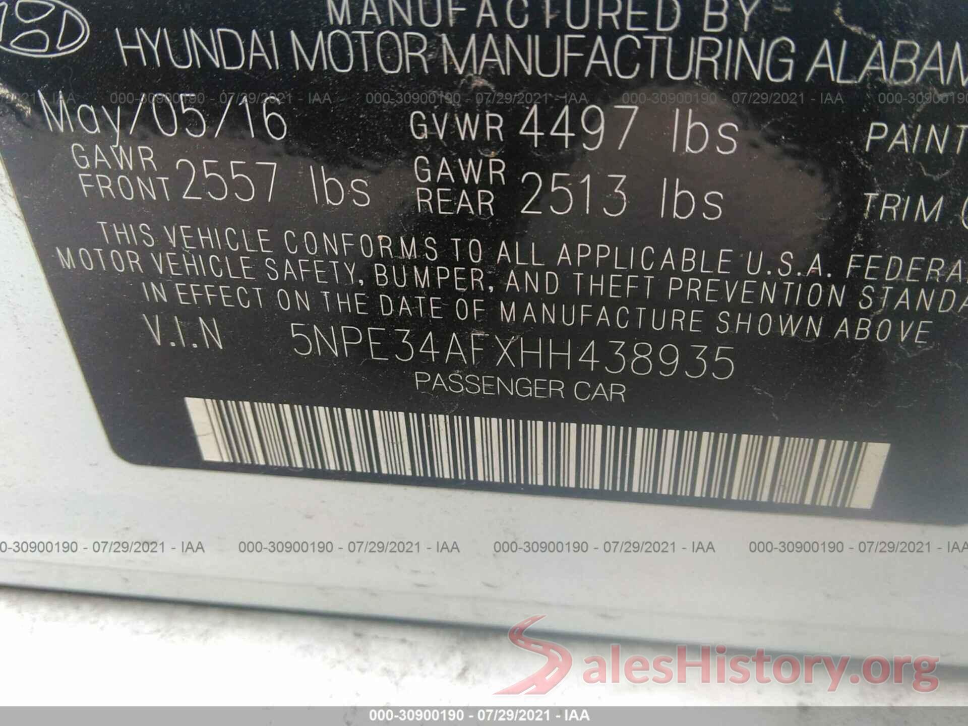 5NPE34AFXHH438935 2017 HYUNDAI SONATA