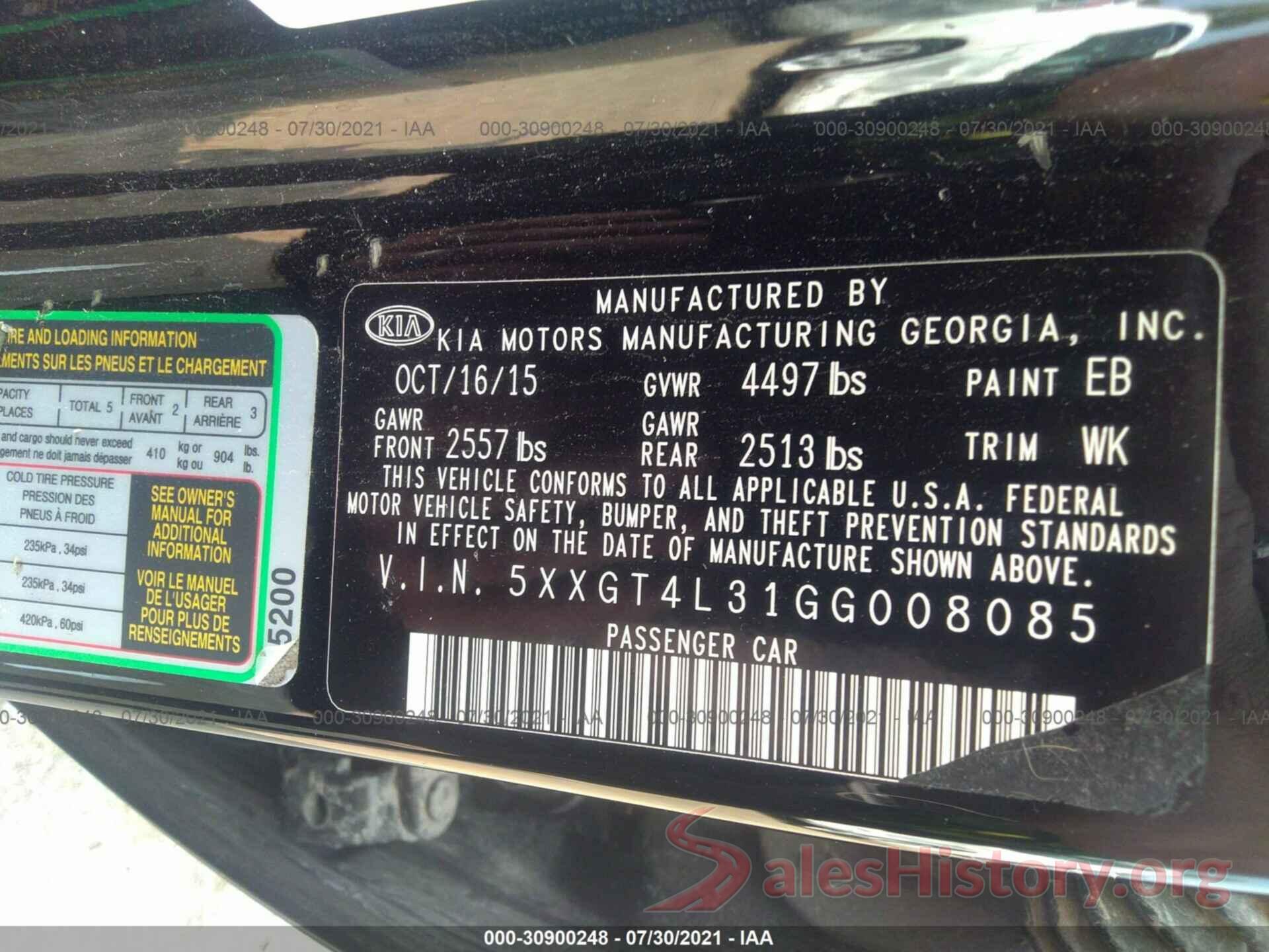 5XXGT4L31GG008085 2016 KIA OPTIMA