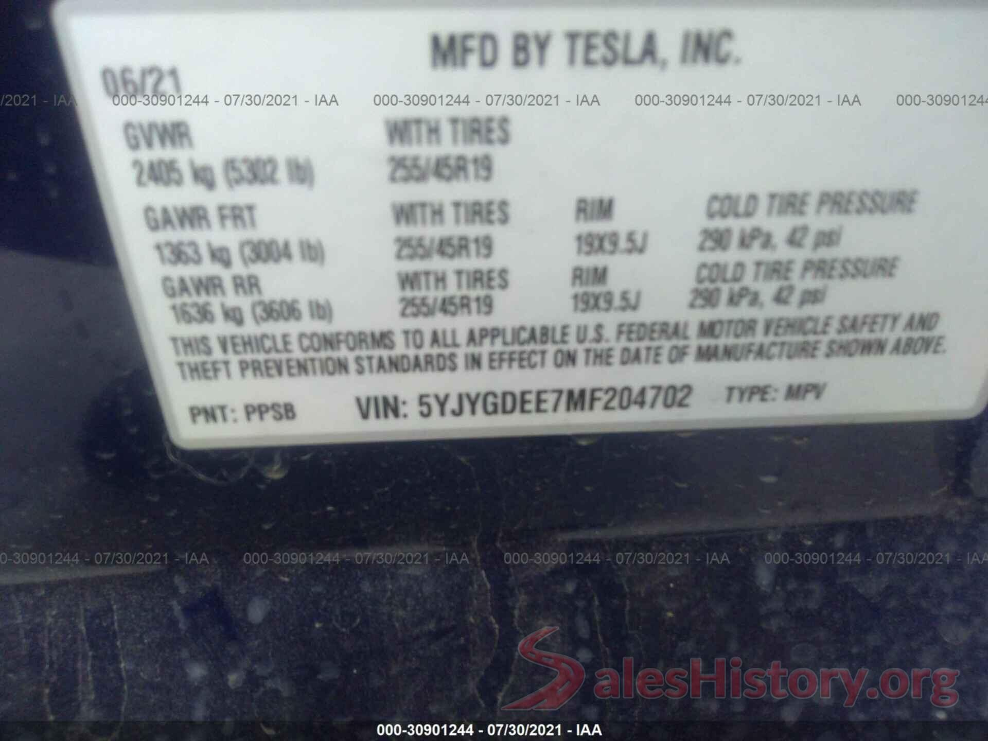 5YJYGDEE7MF204702 2021 TESLA MODEL Y