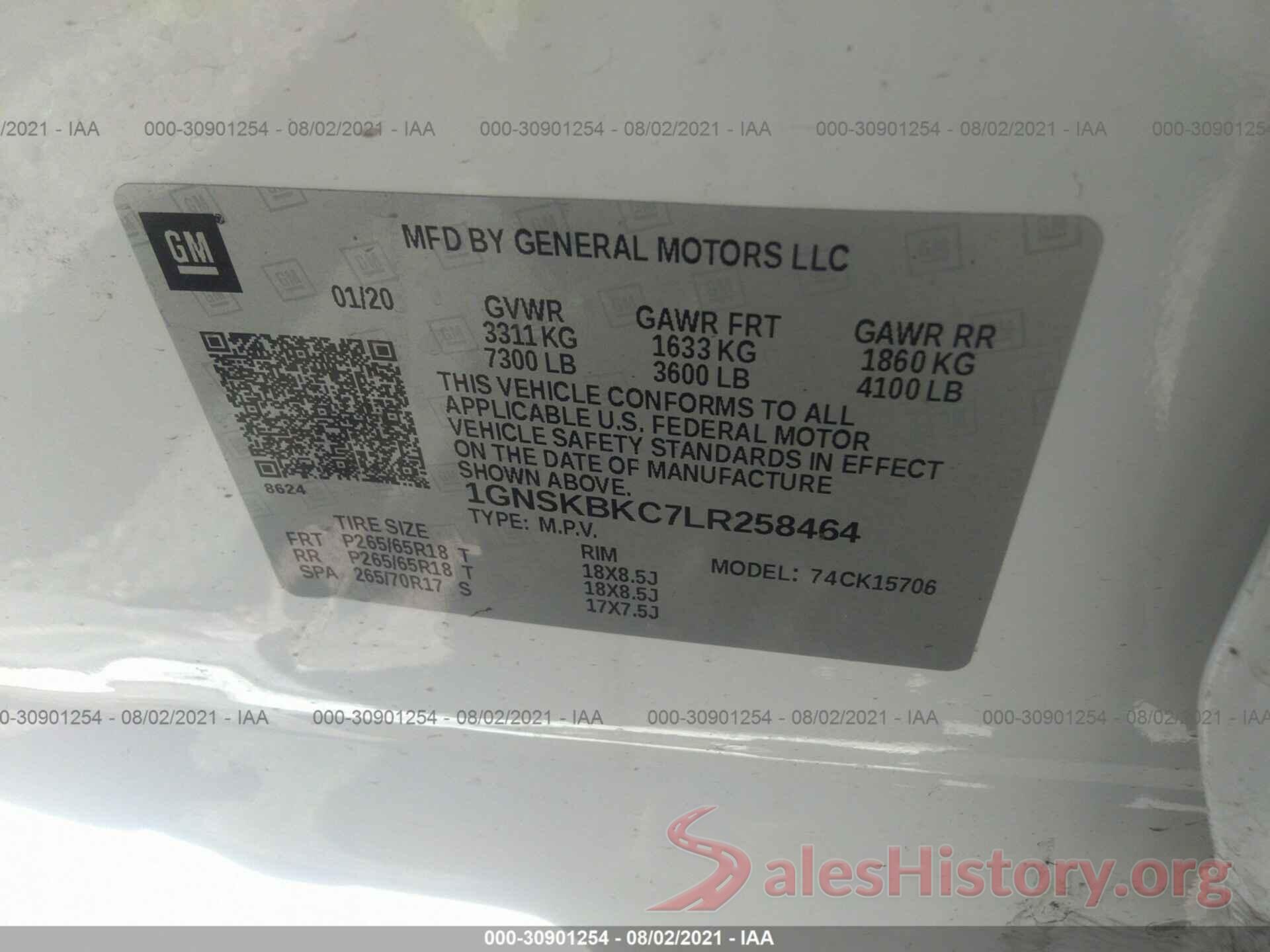 1GNSKBKC7LR258464 2020 CHEVROLET TAHOE