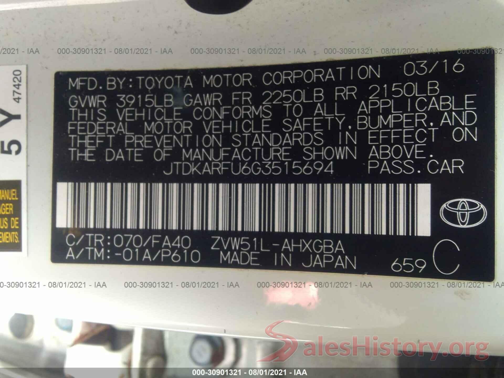 JTDKARFU6G3515694 2016 TOYOTA PRIUS