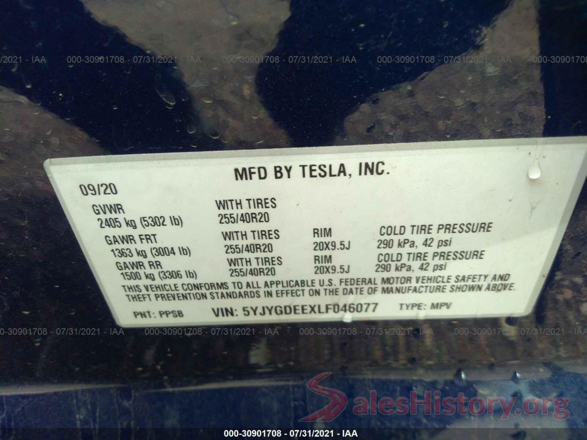 5YJYGDEEXLF046077 2020 TESLA MODEL Y