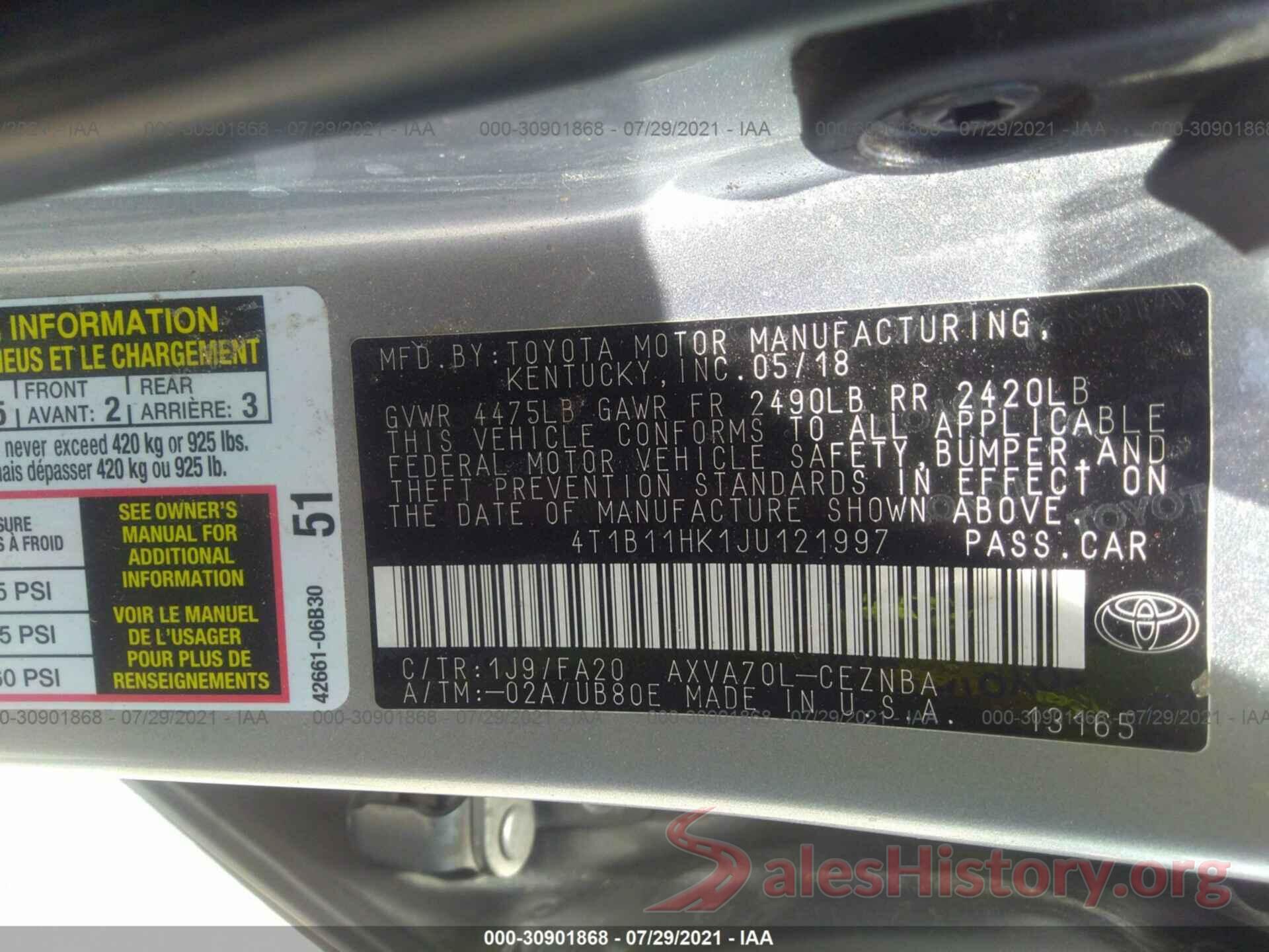 4T1B11HK1JU121997 2018 TOYOTA CAMRY