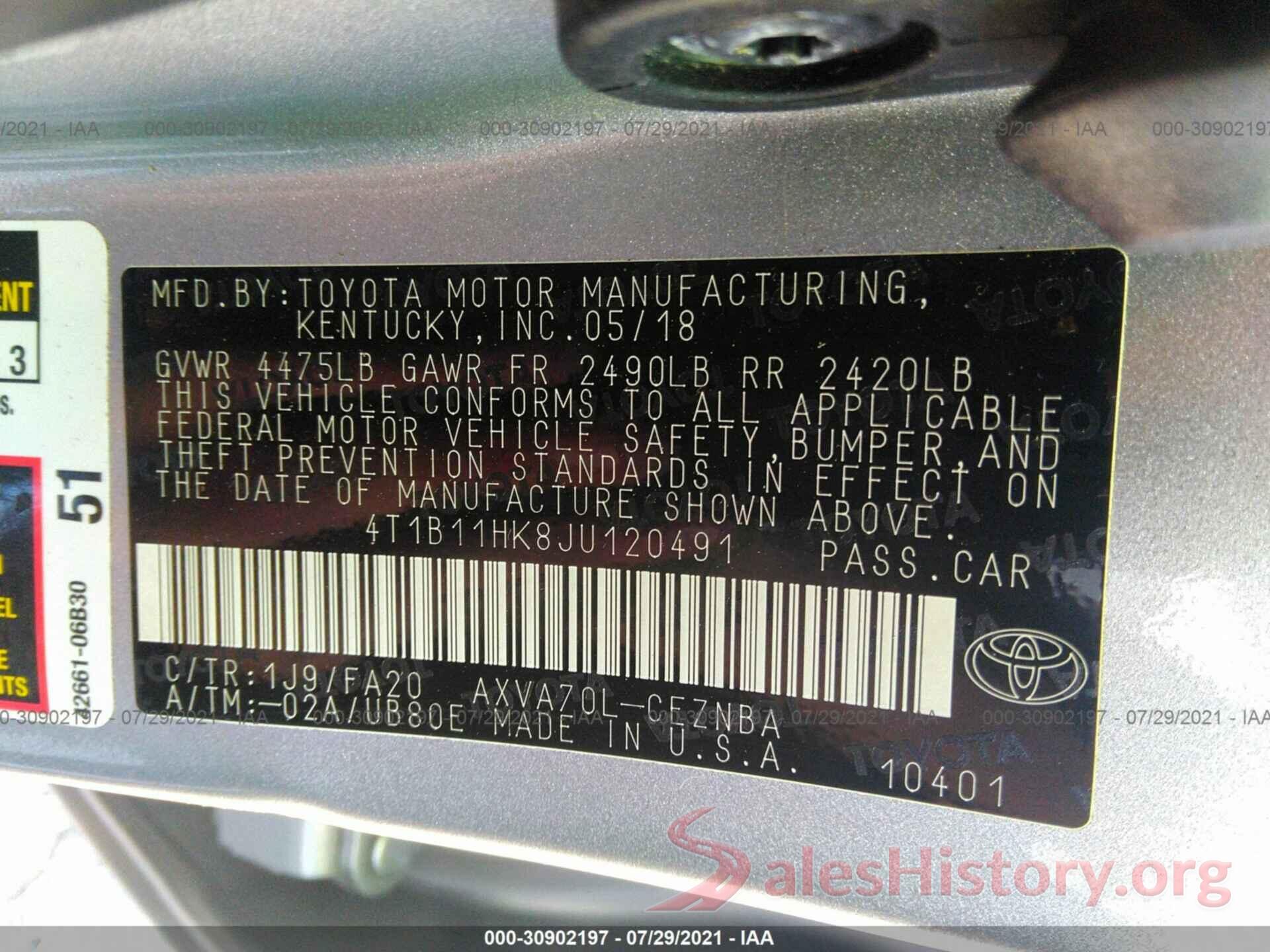 4T1B11HK8JU120491 2018 TOYOTA CAMRY