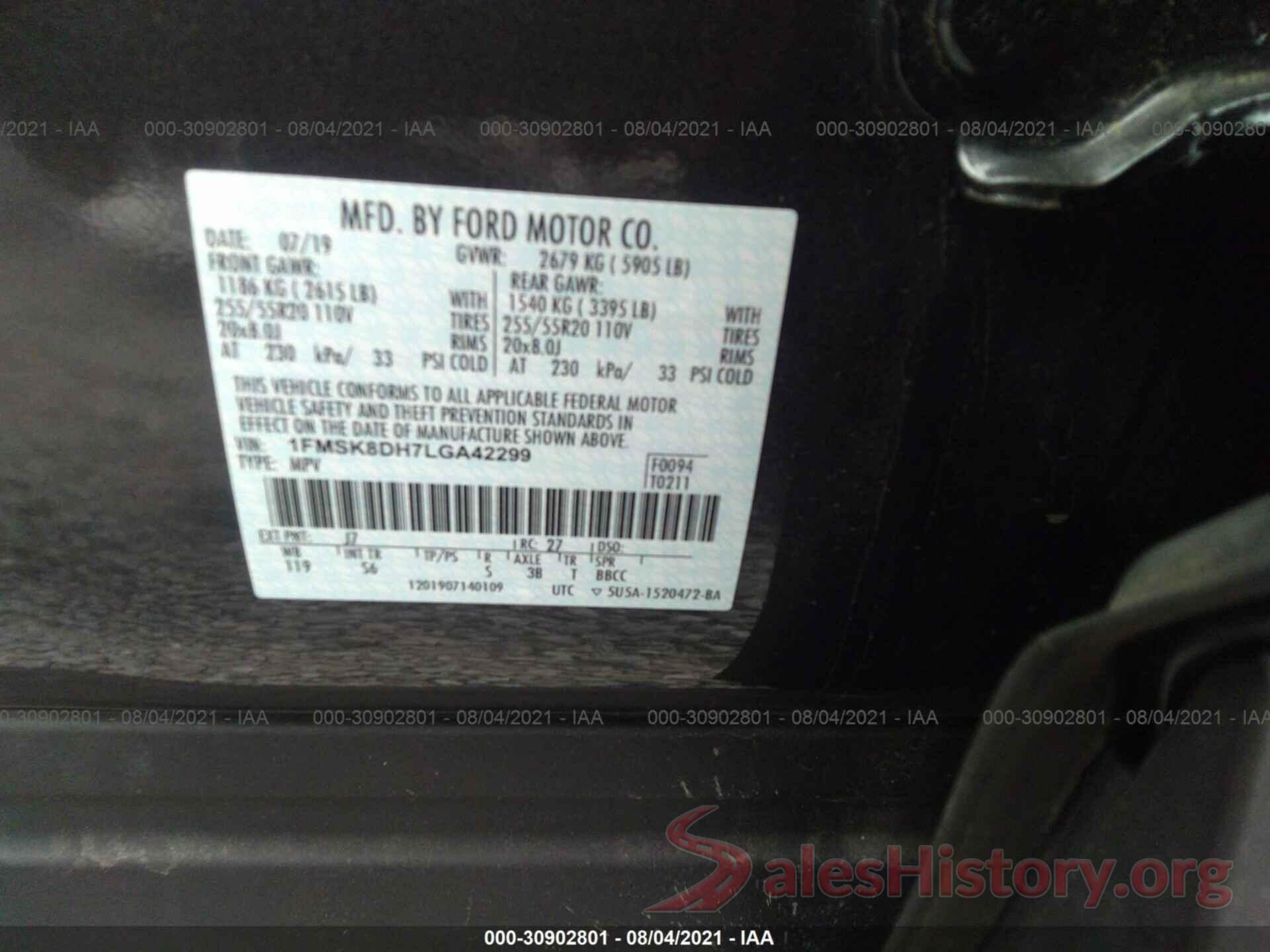 1FMSK8DH7LGA42299 2020 FORD EXPLORER