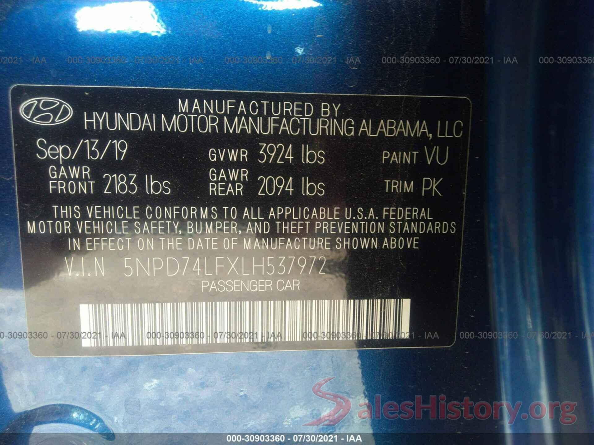 5NPD74LFXLH537972 2020 HYUNDAI ELANTRA