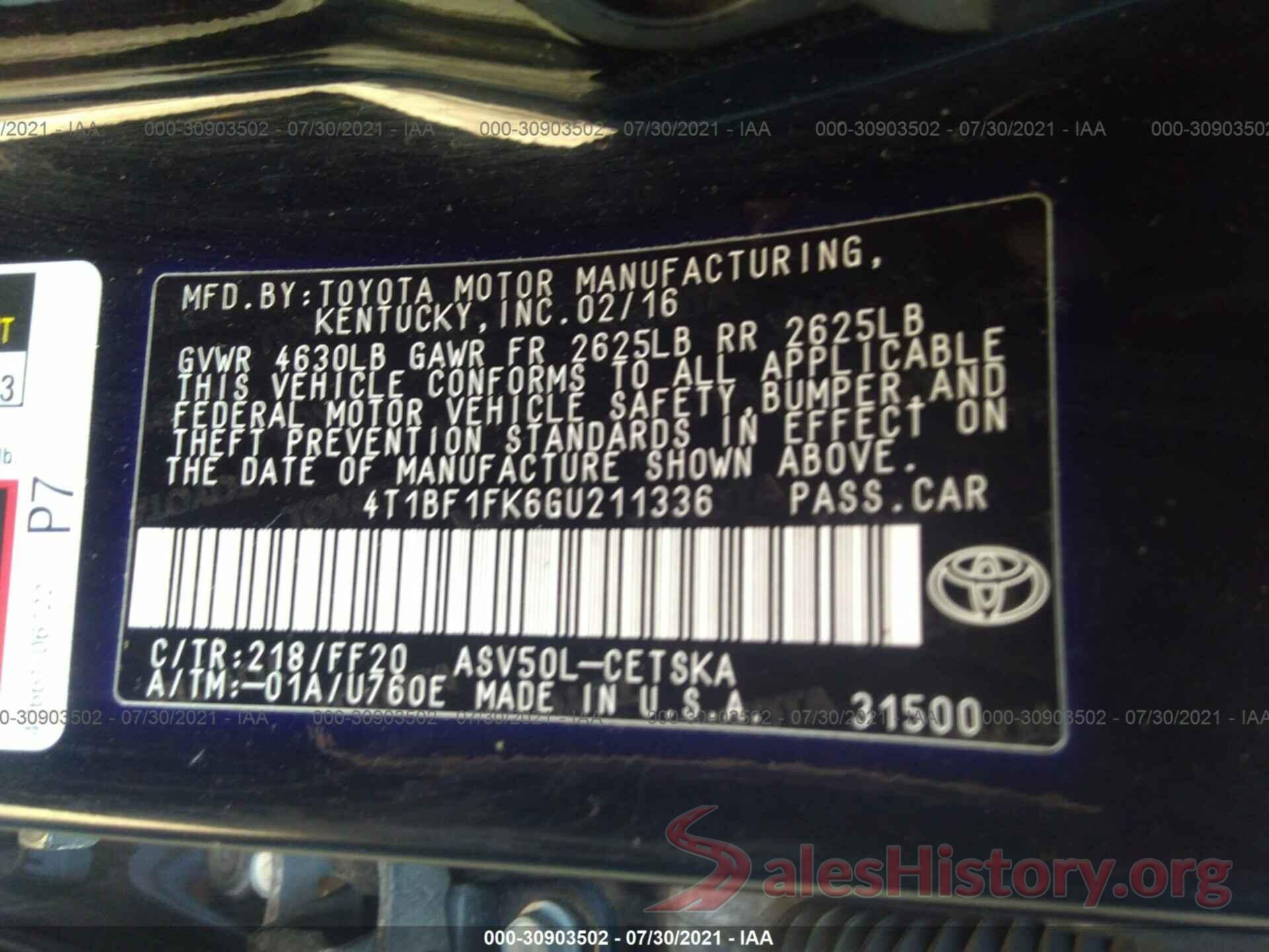 4T1BF1FK6GU211336 2016 TOYOTA CAMRY