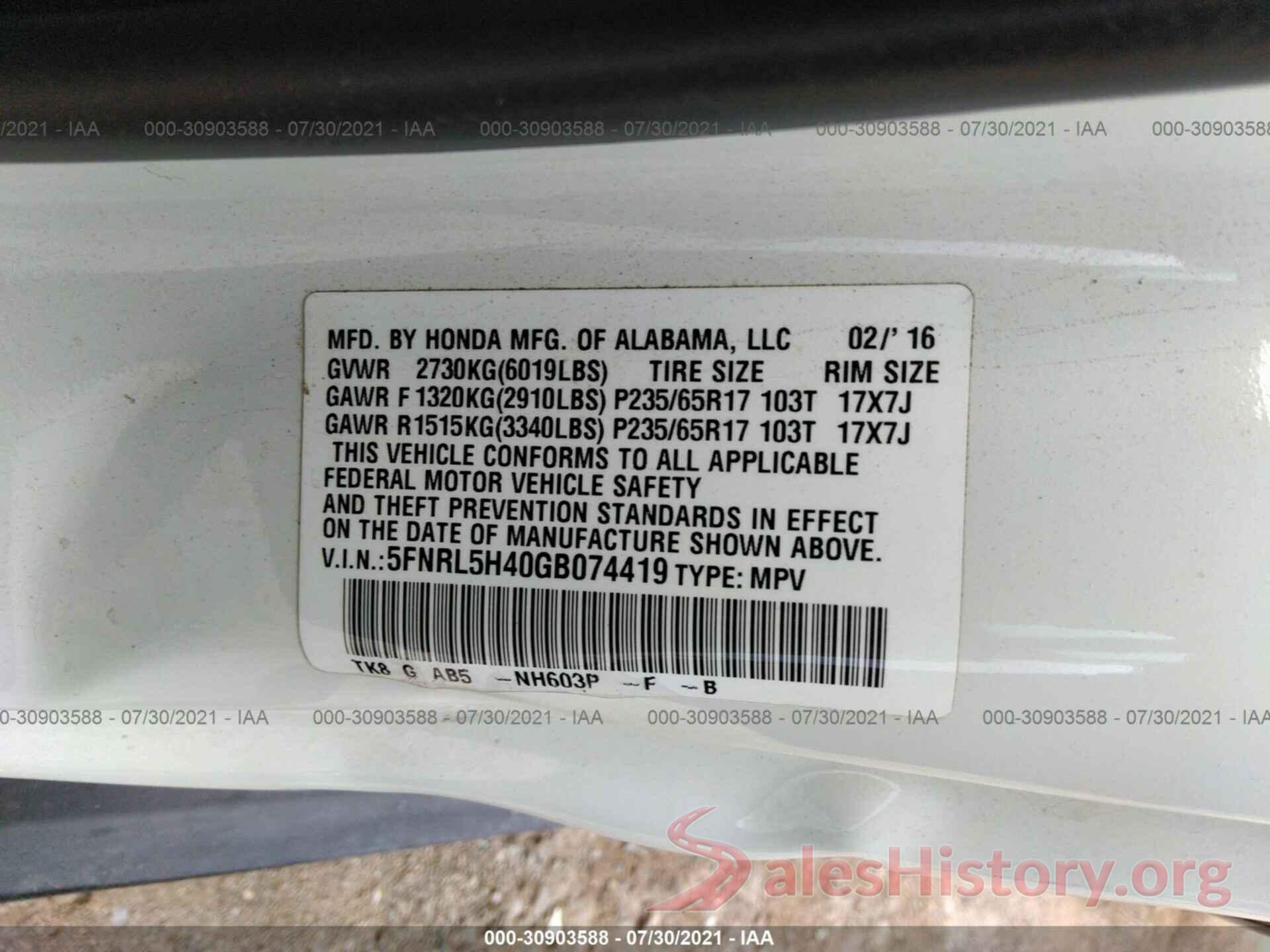 5FNRL5H40GB074419 2016 HONDA ODYSSEY