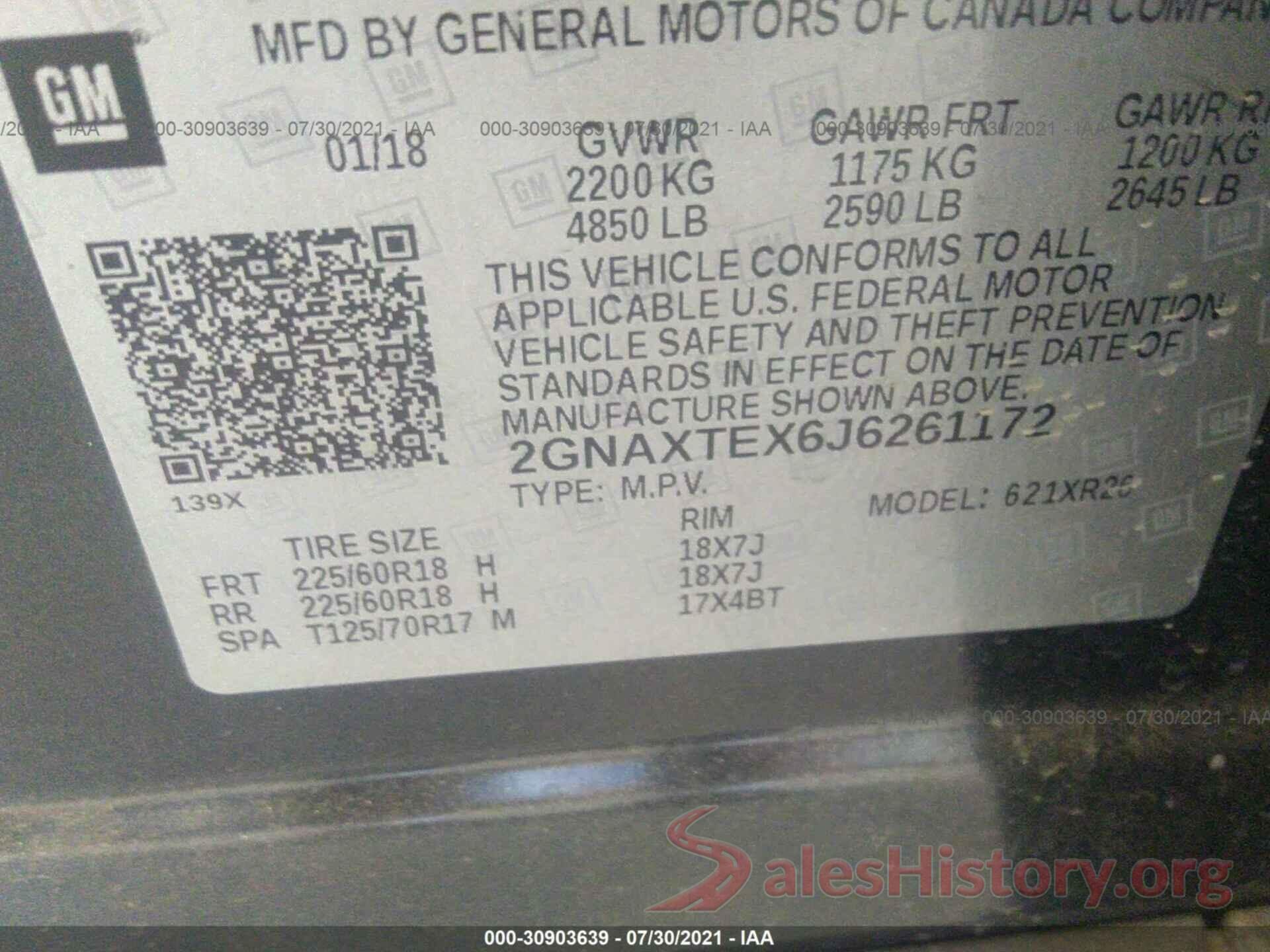 2GNAXTEX6J6261172 2018 CHEVROLET EQUINOX