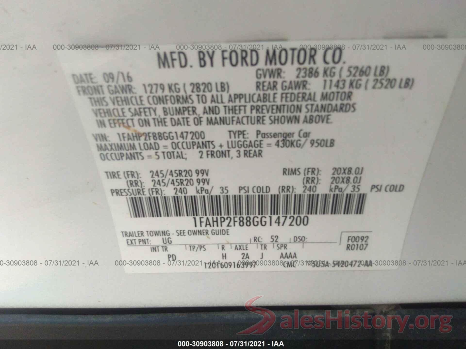 1FAHP2F88GG147200 2016 FORD TAURUS