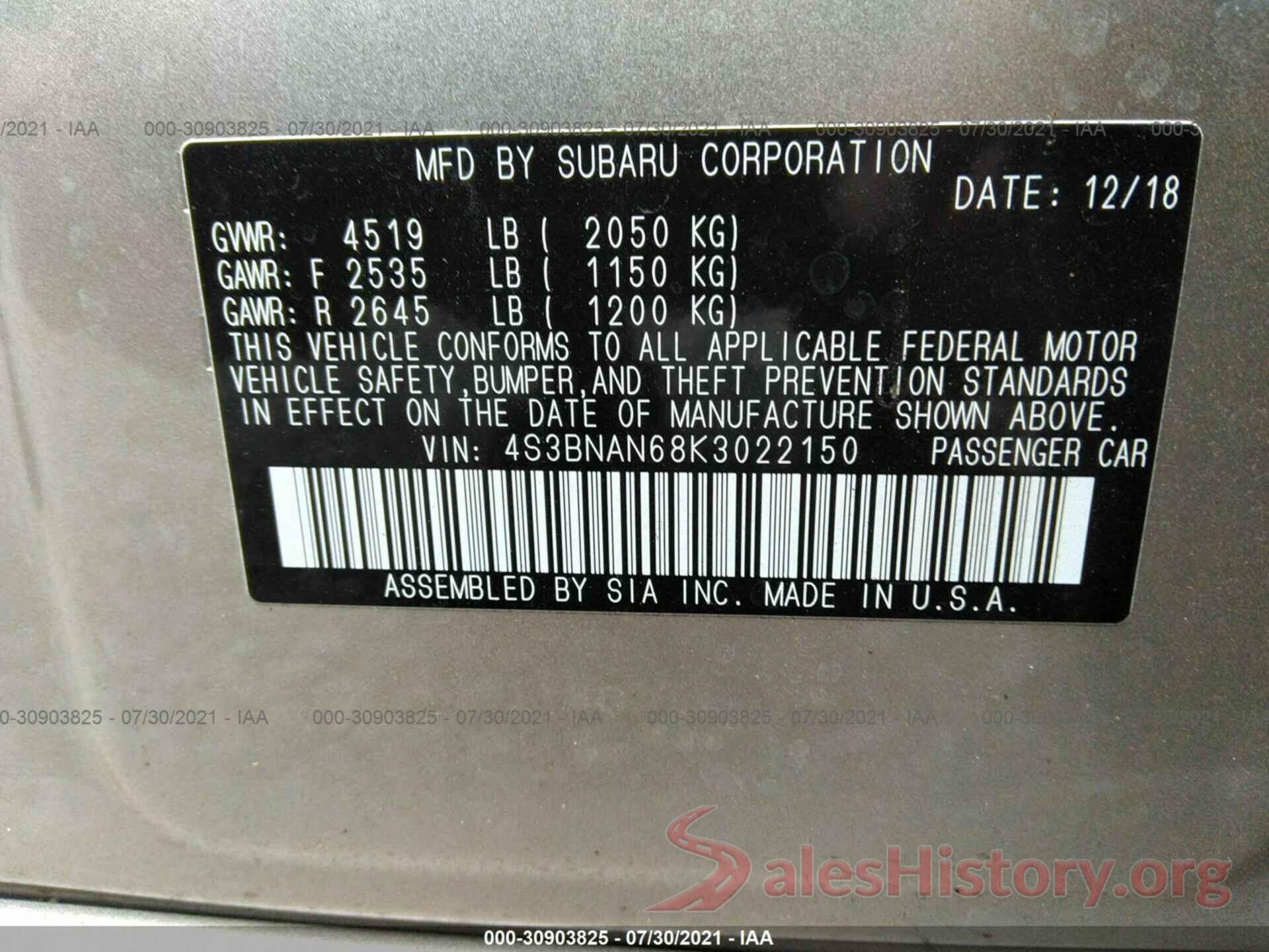 4S3BNAN68K3022150 2019 SUBARU LEGACY