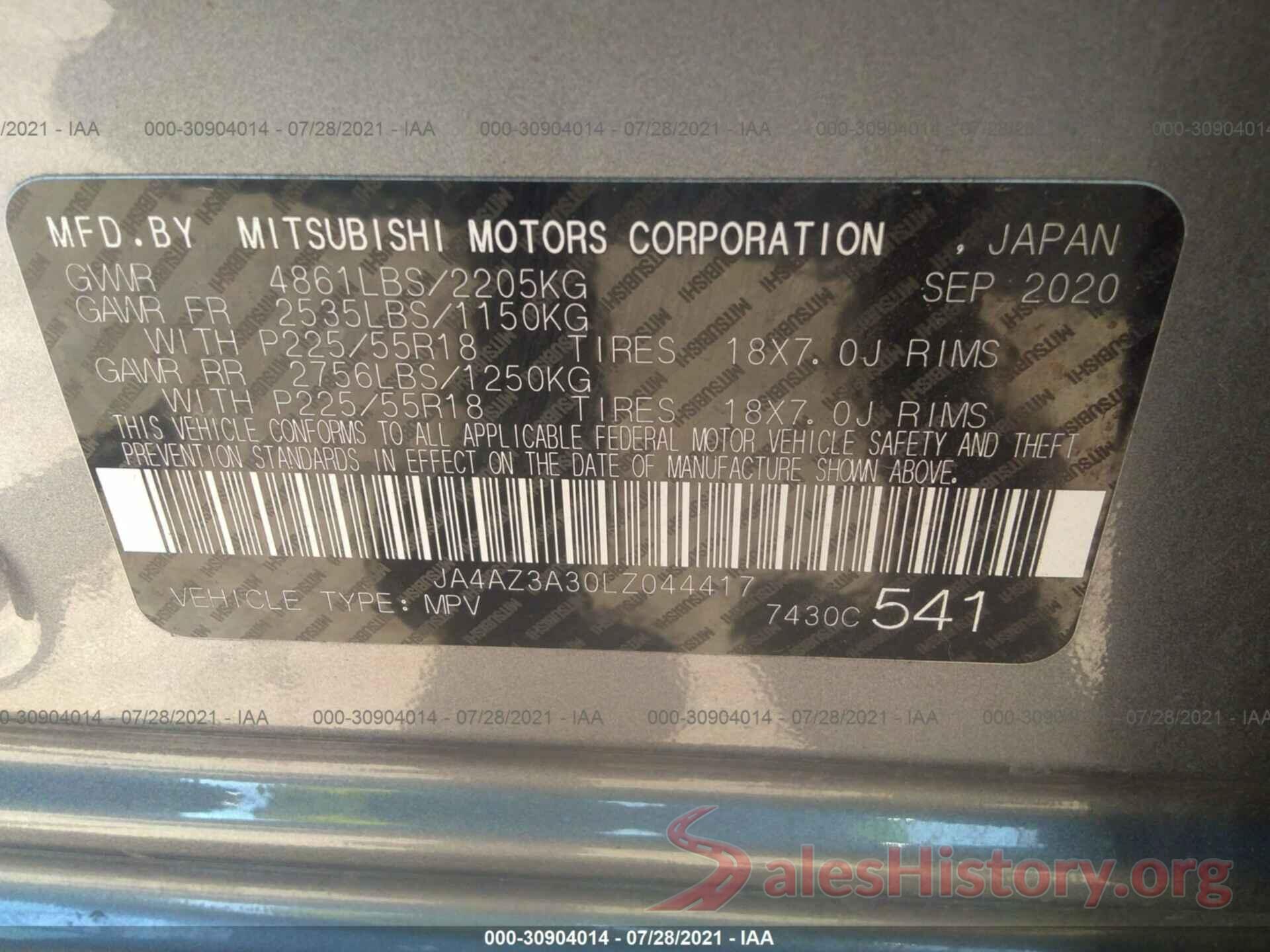 JA4AZ3A30LZ044417 2020 MITSUBISHI OUTLANDER