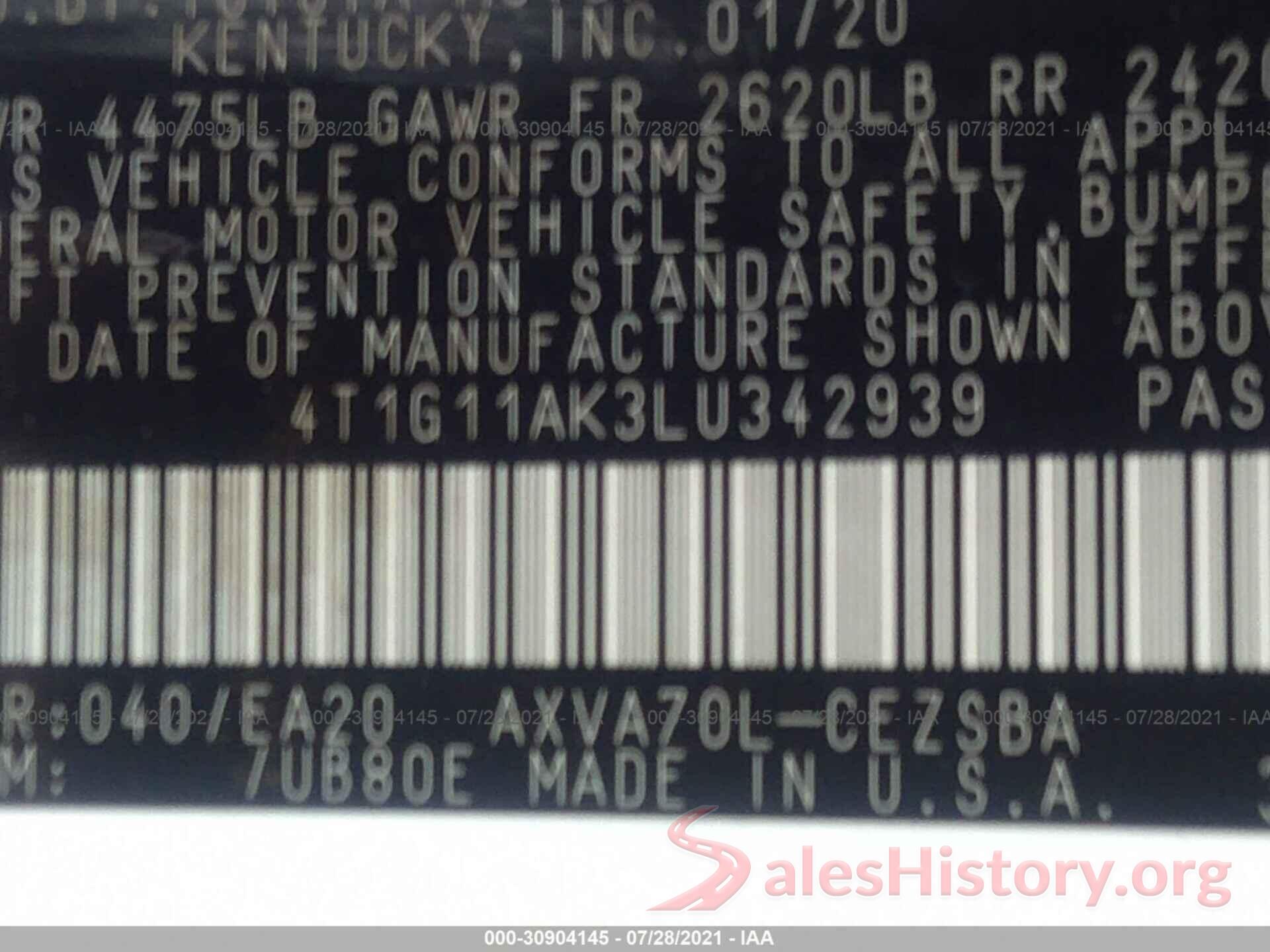 4T1G11AK3LU342939 2020 TOYOTA CAMRY