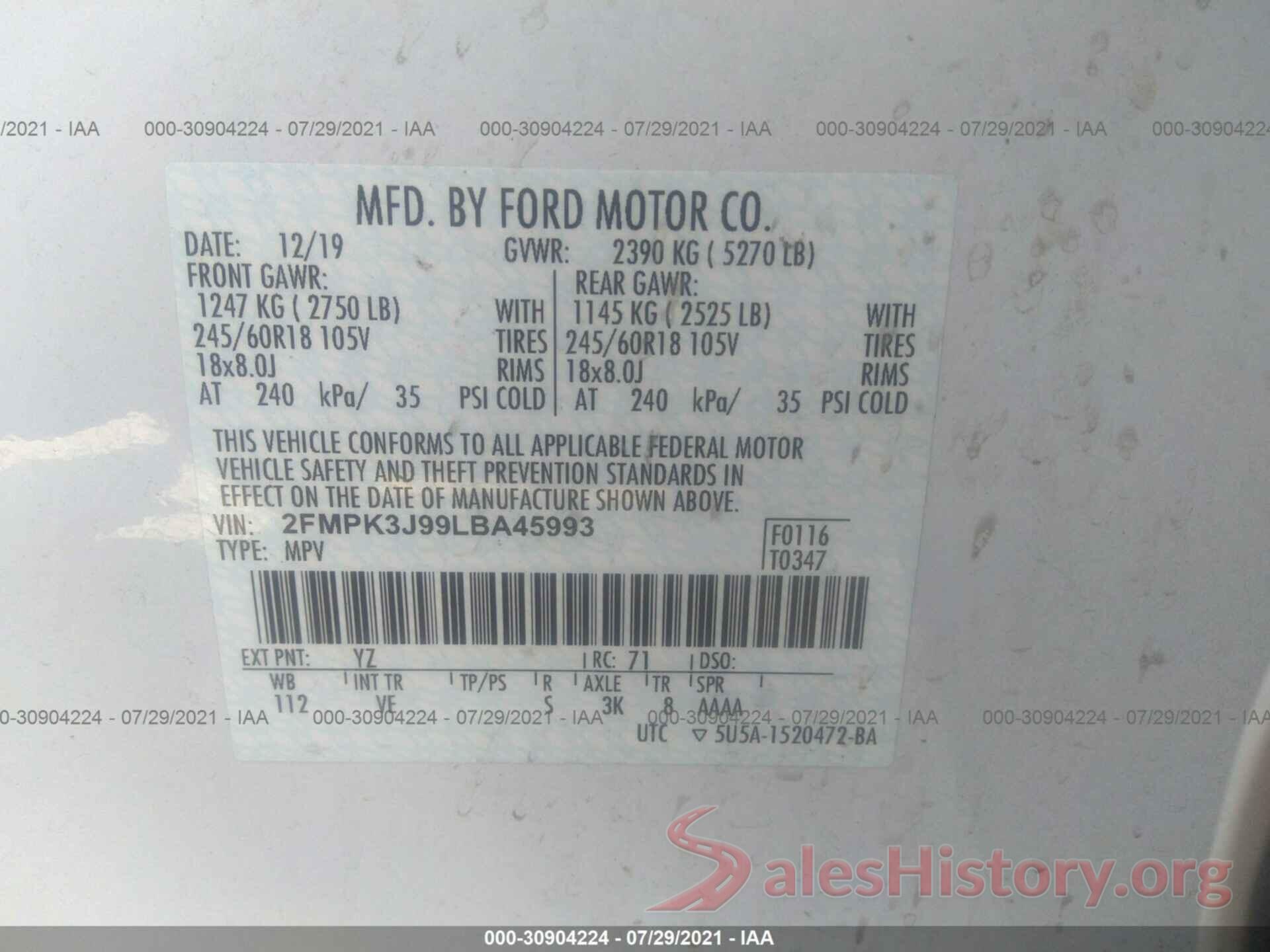 2FMPK3J99LBA45993 2020 FORD EDGE