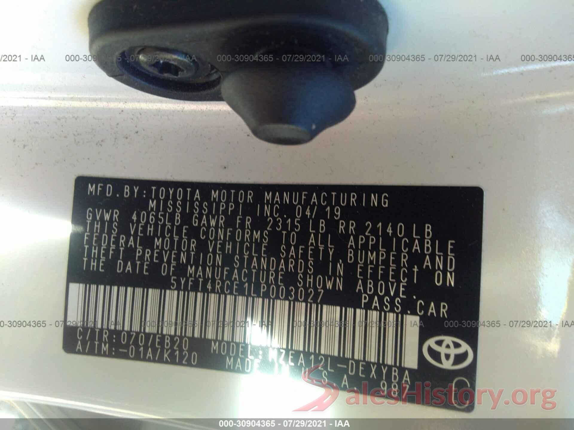 5YFT4RCE1LP003027 2020 TOYOTA COROLLA